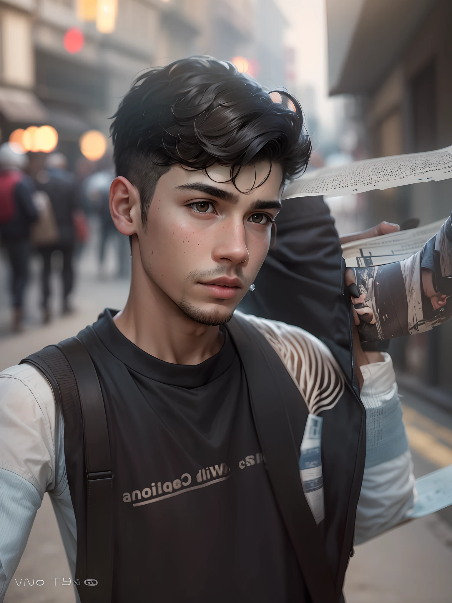 Close-up portrait of the young boy's head in the street, press papers scattered around his head, very realistic, fantastic, Shot with a professional camera with moderate depth of field.