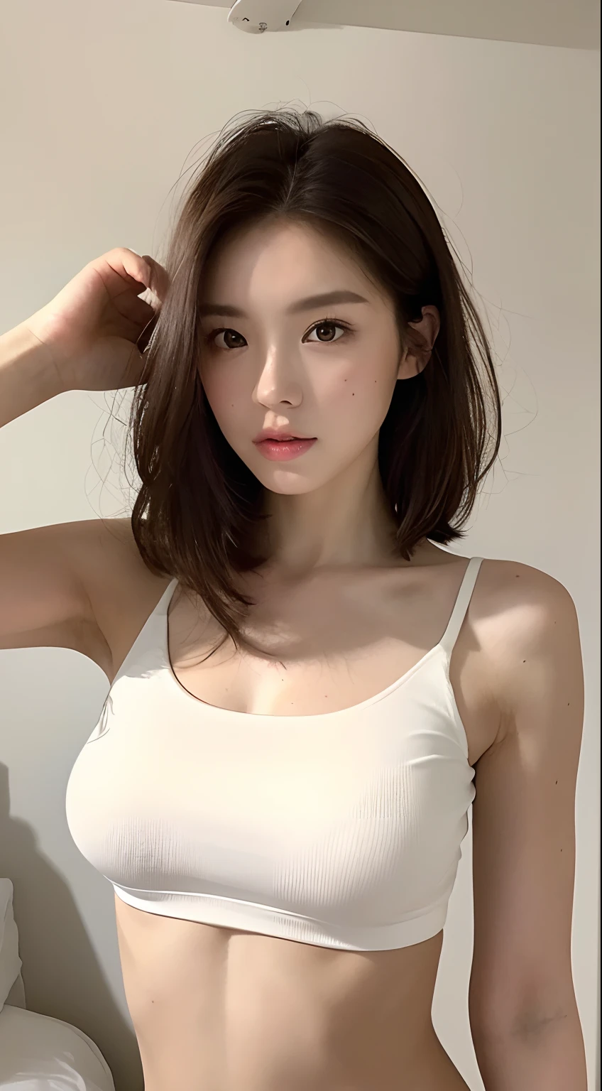 ((Realistic lighting, Best quality, 8K, Masterpiece: 1.3)), Clear focus: 1.2, 1girl, Perfect Figure: 1.4, Slim Abs: 1.1, ((Dark brown hair)), (White crop top: 1.4), in a bedroom, big breast Super fine face, Fine eyes