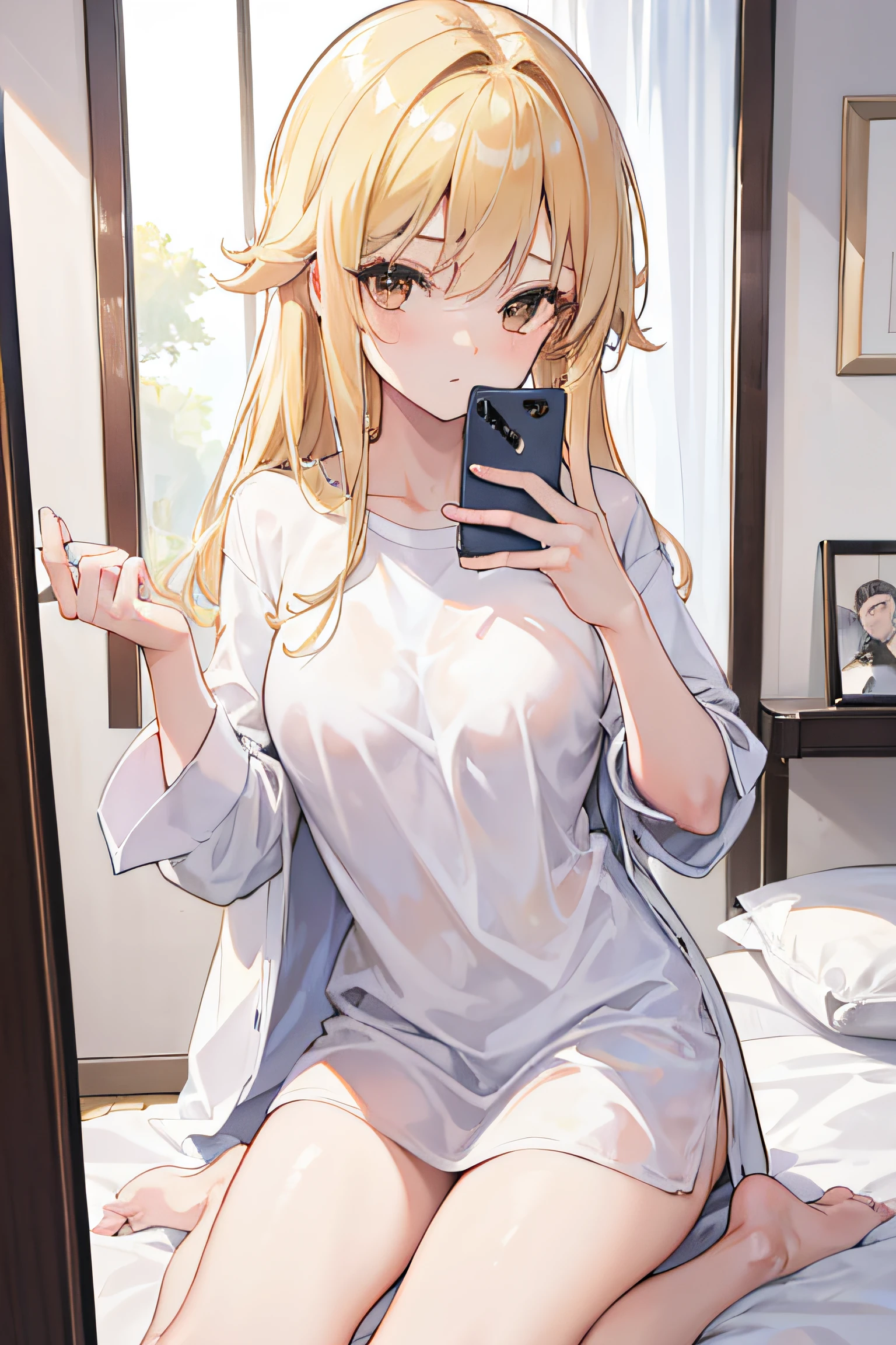 1girl, high res, ultrasharp, 8K, masterpiece, looking at phone, in front of mirror, bedroom, blonde haired, brown eyes, not wearing panties, simple white shirt, sexy, loose shirt, lumine genshin, holding phone, kneel
