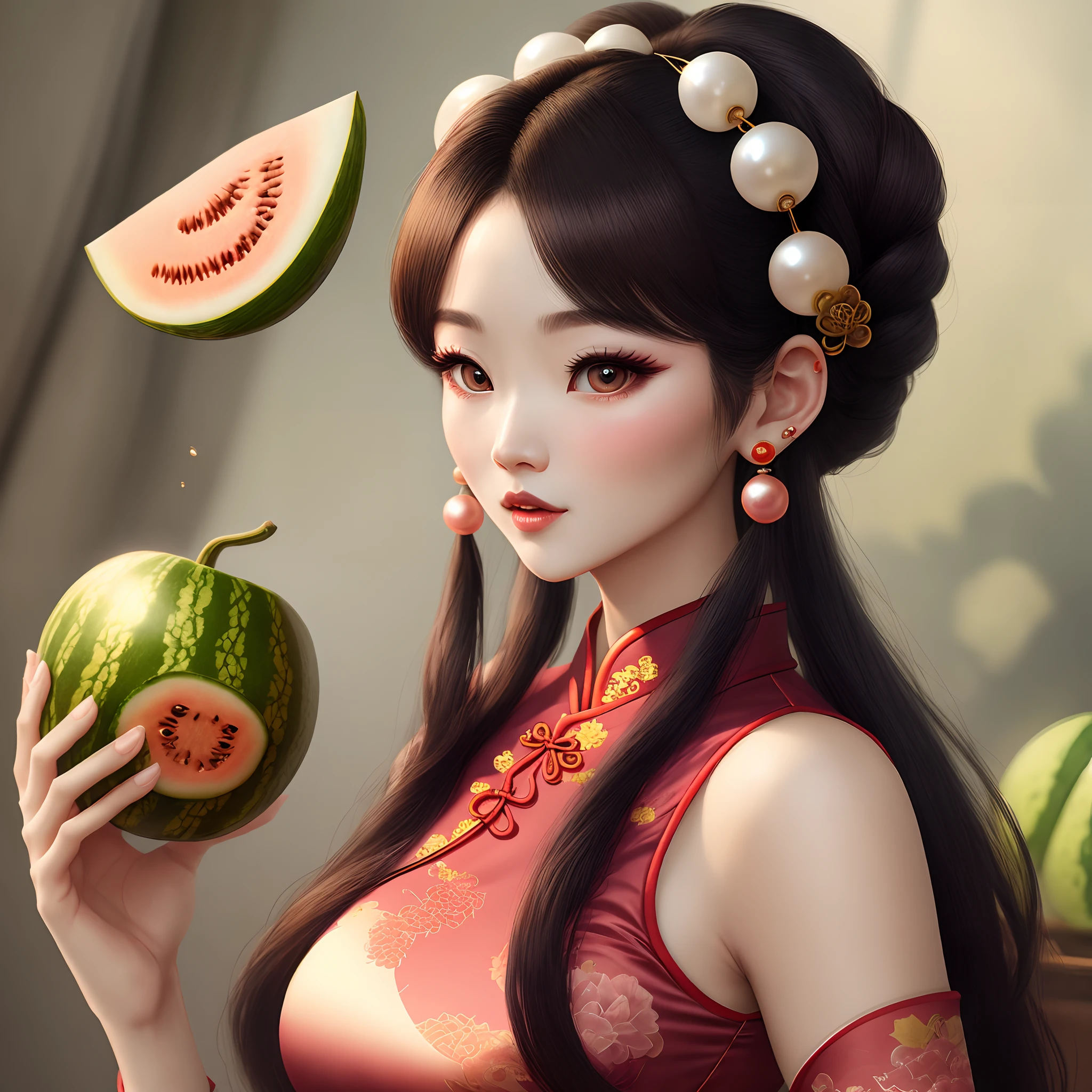 Beautiful avatar in cheongsam，Low tail coiled hair and large hair accessories，Melon seed face big eyes，Retro，Pearl earrings