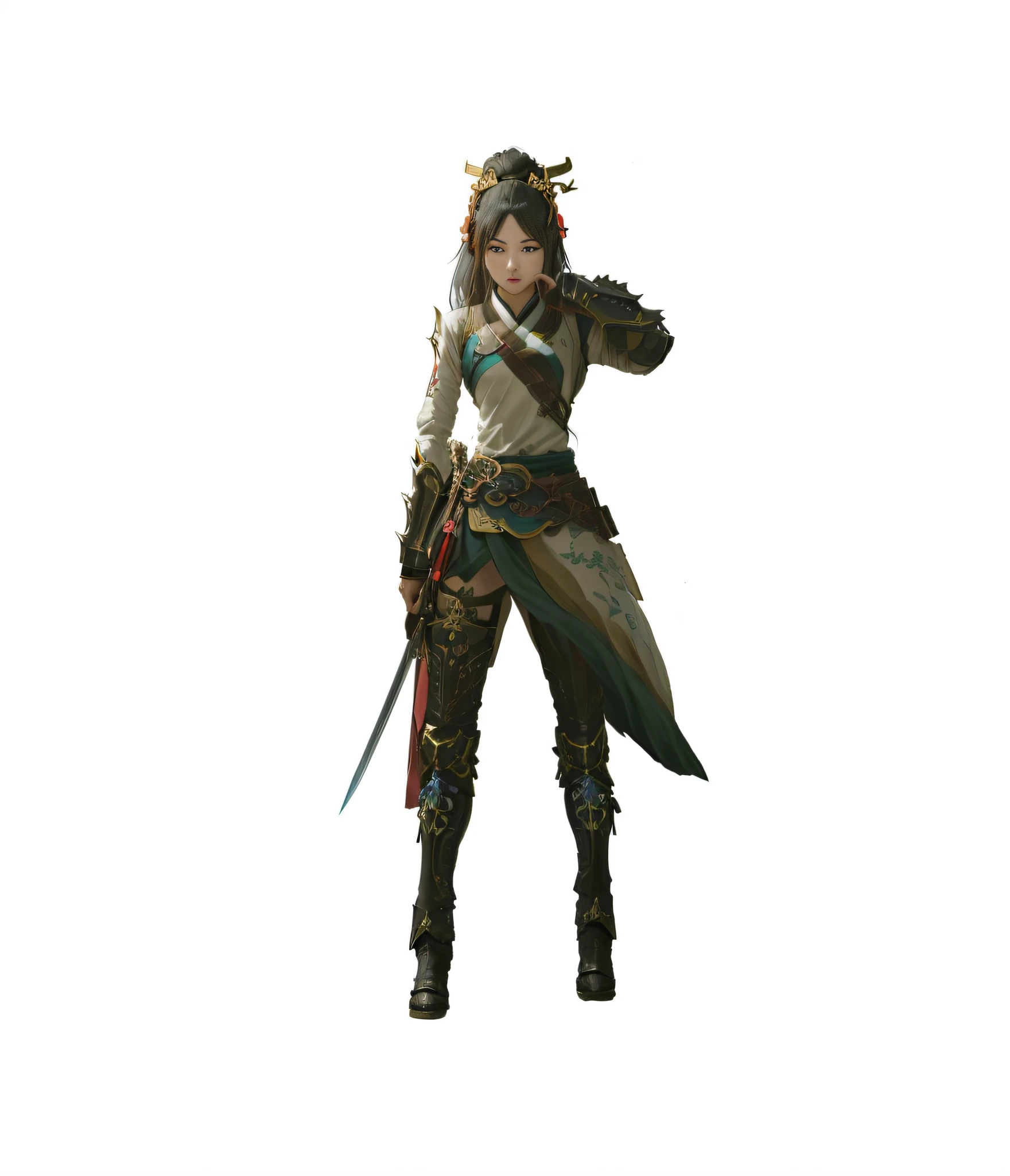 Full body shot. anime girl with sword and armor standing in front of a japanese house, 2. 5 d cgi anime fantasy artwork, inspired by Fenghua Zhong, artwork in the style of guweiz, traditional japanese concept art, chengwei pan on artstation, g liulian art style, cgsociety and fenghua zhong, by Yang J, absurdres, high res, ultrasharp, 8K, masterpiece, looking at viewer