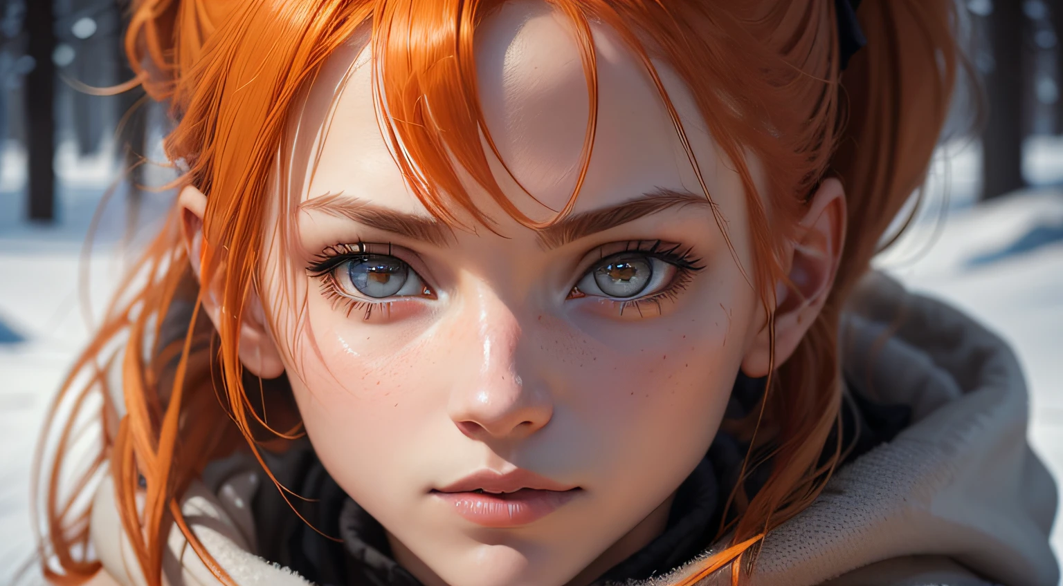 1girl, solo, orange hair , two short ponytails, amber eyes, detailed eyes , shadows, high quality, lighting ,winter, Warm clothes, Best Quality, Masterpiece, extra high resolution, (Photorealistic:1.4), RAW photo, 1girl, off-shoulder, around dark, deep shadow, Low key, Cold light, detailed skin
