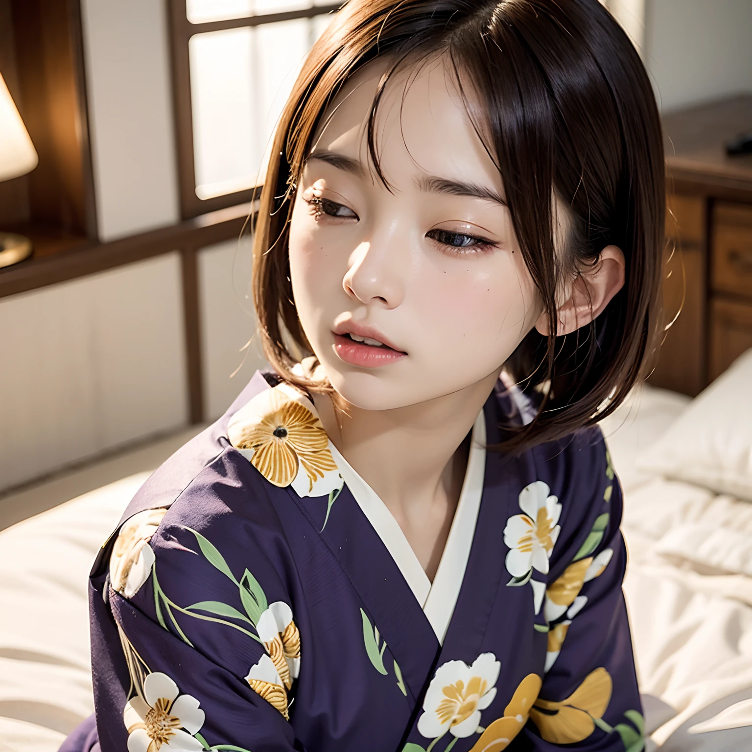 (masutepiece, Best Quality:1.2), 8K, Official art,on the bed、laying on back、Elbows on the side of the face、open one's legs、The dim、 Mouth wide open、cum on、cum on、cum on、feels good、Raw photo with both eyes closed, kawaii faces、full body Esbian、Kimono、Facing up、skinny、14years、small tits、Eyes closed、Deep sadness、Sorrow、look up sky、、screeming、 unbelievable Ridiculous, (Upper body, Kimono), Beautiful Girl, Pretty Face, arching back down、Gold hair ornament on hair、close up, Short sleeve, gardenia, violaceaess, Teen, Street, Looking at Viewer, Film grain, chromatic abberation, Sharp Focus, face lights, Dynamic lighting, Cinematic lighting, Eyes and faces with detailed, Bokeh background,