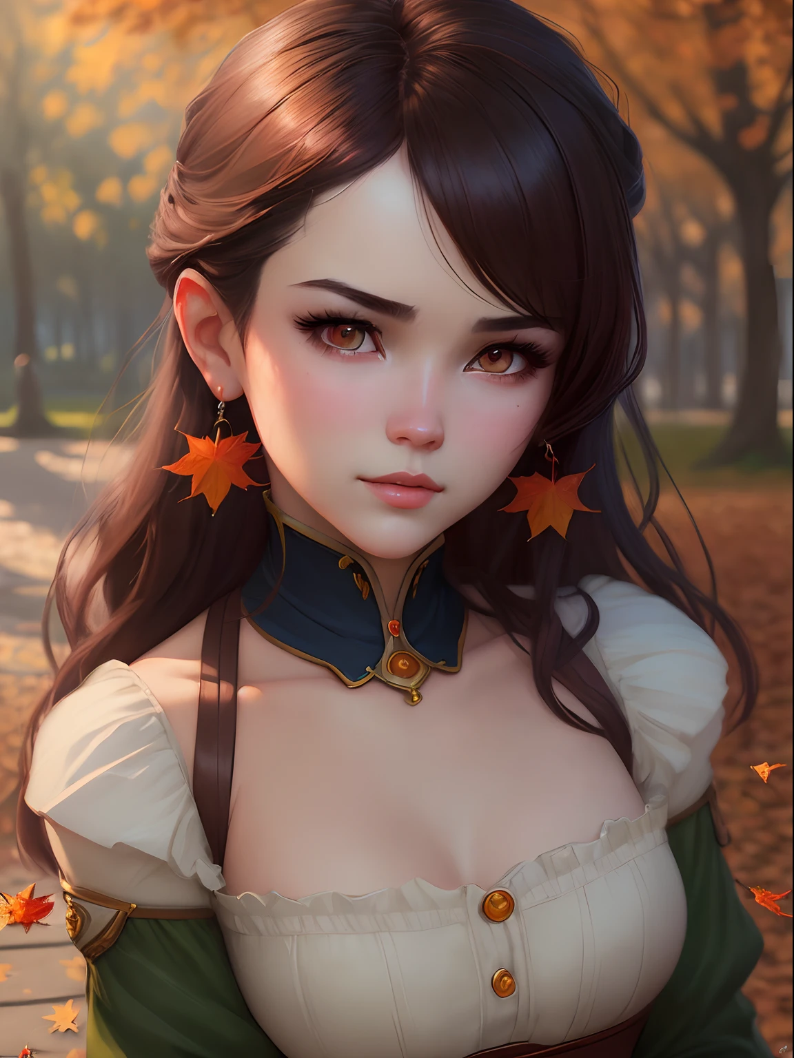 (cute girl,autumn park),oil painting,beautiful detailed eyes,beautiful detailed lips,extremely detailed eyes and face,longeyelashes,natural light,soft focus, vivid colors,bokeh,ultra-detailed,realistic,photorealistic,highres,masterpiece:1.2, vibrant autumn foliage,falling leaves,dappled sunlight,gentle breeze,autumn fashion,trending on artstation,Ilya Kuvshinov inspired,Thomas Lawrence inspired,Bayard Wu inspired