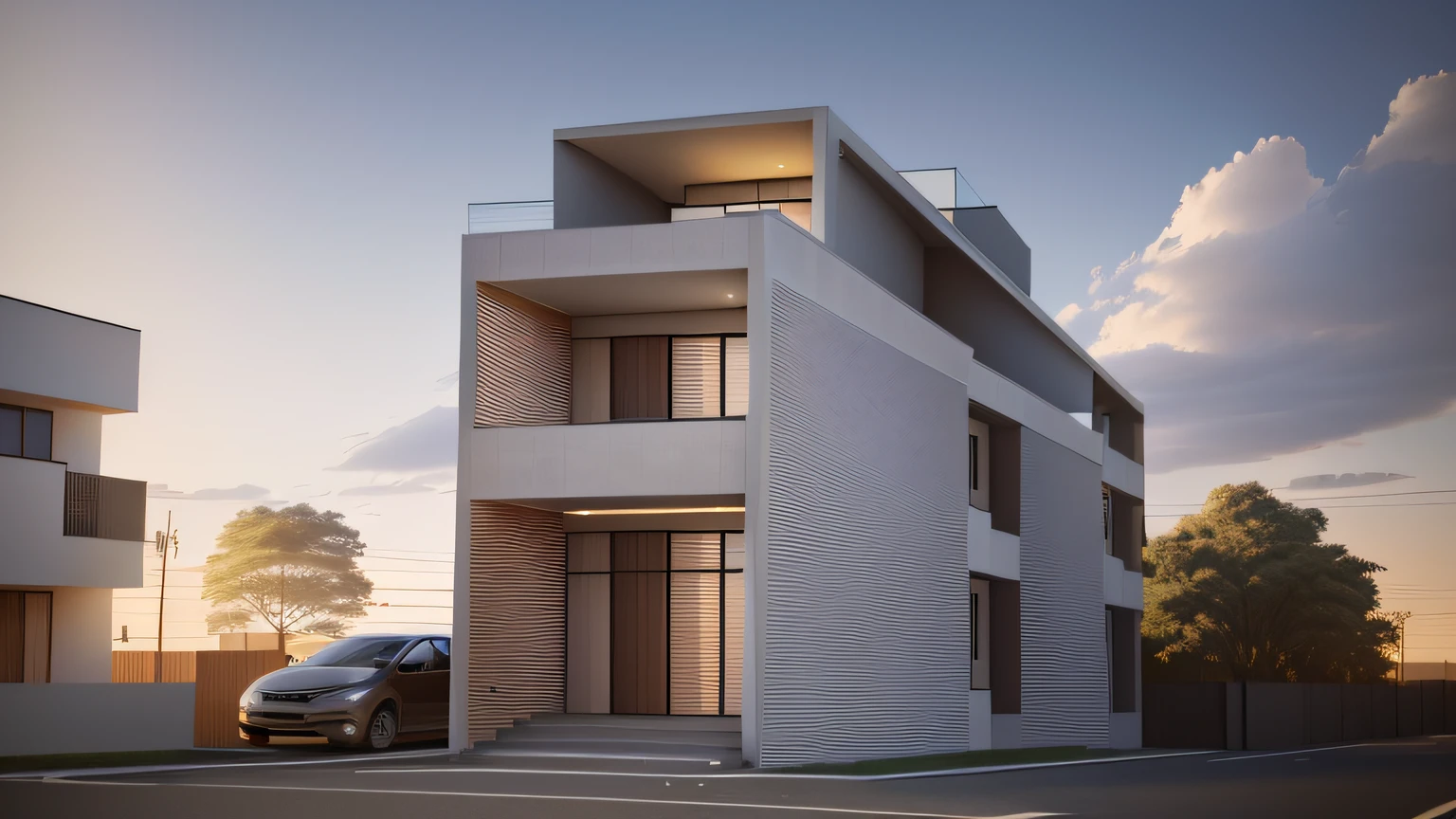 render of a townhouse, The house has two floors and a terrace,The house has only one front facade, The width of the house is five meters nine, the length of the house is thirty meters, modern style, 2 - point perspective,photo real,architecture design, high definition, highly detailed vray,8k render