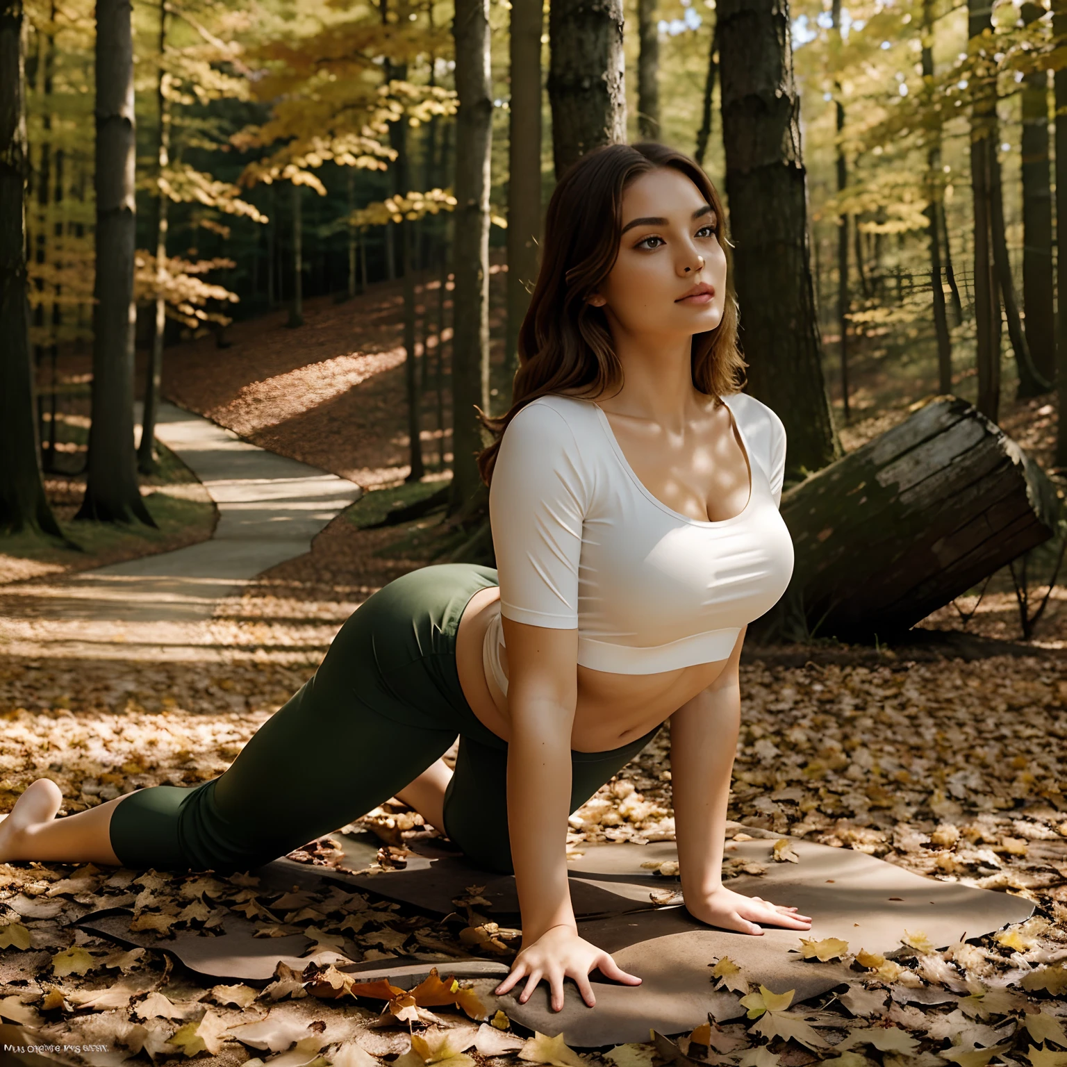 Generate an image of Autumn, a captivating influencer in her mid-20s, standing at approximately 5'4" tall. Her stunning chestnut hair flows gracefully over her shoulders. She possesses an athletic hourglass figure, accentuated by a full bust and a sun-kissed tan that complements her flawless complexion. Autumn's expressive brown eyes radiate charisma, and her confident, relaxed demeanor shines through.Autumn dressed in a snug-fitting yoga outfit that highlights her curves elegantly. Her choice includes a tight white yoga crop top that accentuates her flat stomach and showcases her chest beautifully. Paired with this, she wears deep forest green leggings that hug her figure, adding an enchanting touch to her ensemble.The serene autumn forest provides the backdrop for this captivating scene, with colorful leaves carpeting the ground, embracing the natural beauty of the season. Situated beside a tranquil stream, the location exudes peace and harmony, its gentle flow complementing her yoga practice. Natural light filters through the foliage, casting dappled sunlight on the scene, creating an atmosphere of serenity.Autumn gracefully arches her back from an all-fours position, subtly revealing her captivating silhouette beneath the formfitting white top. Her intense look and meticulously applied makeup enhance her photorealistic appearance. Symmetrical eyes and a symmetrical face add to the visual allure. The scene captured through path tracing, with specular lighting and volumetric face light emphasizing every detail. Her hair, meticulously path traced, creates visible shadows that contribute to the overall intricate and hyper-realistic aesthetic.