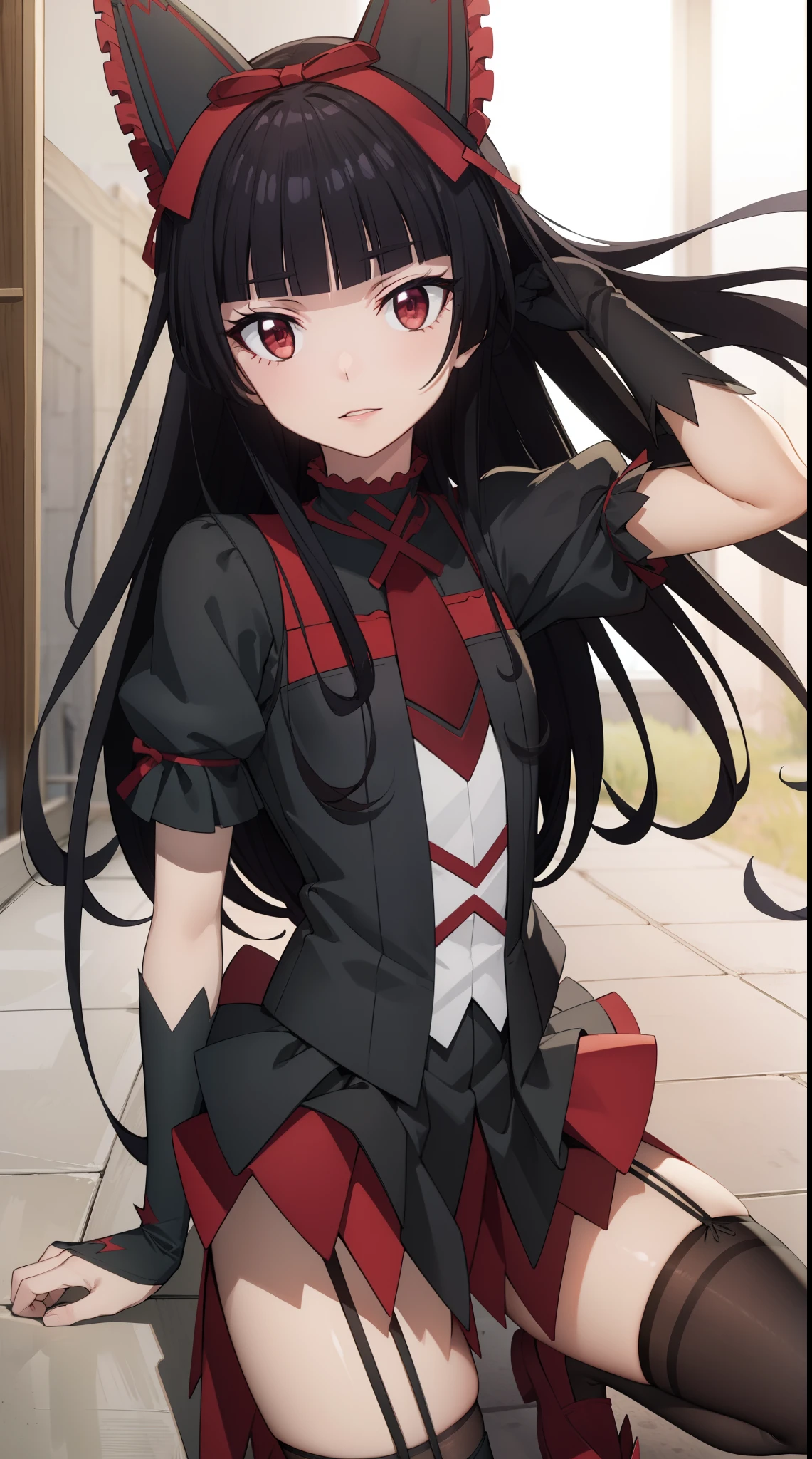 Rory Mercury, Rory Mercury, black  hair, blunt bangs, hime cut, hair ornament, red lipstick, hairlong, cute face, makeup, (small chest:1.2), (red eyes:1.5), BREAK Gothic underwear, the perfect body (little chest:1.3),  BREAK in full growth, red shoes, BREAK Black Stockings, Black Gloves BREAK, black thighs, garter straps, gloves, gotik, Hair Bow, gothic fashion, puffy short sleeves, puffy sleeves, short sleeves, thights, thights,  BREAK of the starry night sky, night city, BREAK looks at the viewer, BREAK (Masterpiece:1.2), Best Quality, High Resolution, Unity 8k壁纸, (illustartion:0.8), (beautiful detail eyes:1.6), extremely detailed face, perfect  lighting, extremely detailed CGI, (perfect arms, perfect anatomy),