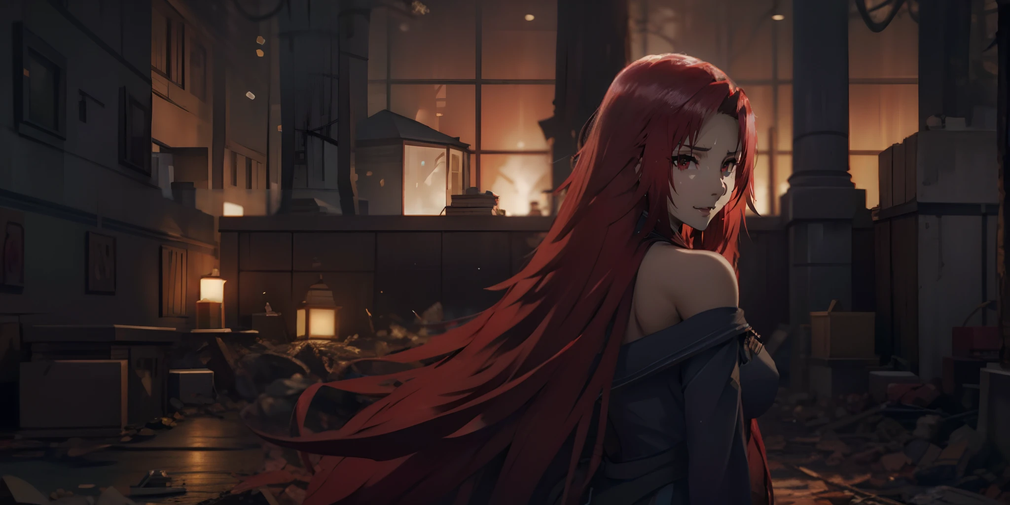 irismidgarv4, (red hair, long hair:1.7), red eyes, 1girl, solo, bare_shoulders, outdoors, off_shoulder, looking_at_viewer, piercing, looking_back, blurry, dress, upper_body, back, tree, blurry_background, black_dress, from_behind, looking_to_the_side, glow effects, godrays, Hand drawn, render, 8k, octane render, cinema 4d, blender, dark, atmospheric 4k ultra detailed, cinematic, Sharp focus, big depth of field, Masterpiece, colors, 3d octane render, 4k, concept art, trending on artstation, hyperrealistic, Vivid colors, extremely detailed CG unity 8k wallpaper, trending on CGSociety, Intricate, High Detail, dramatic