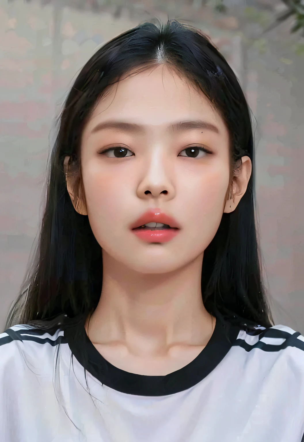 A woman with long hair and a white shirt looks into the camera, jennie blackpink, Retrato de Jossi de Blackpink, korean symmetrical face, Parque Ji-min, young adorable korean face, Lee Ji - Eun, Lee Ji-eun, beautiful aesthetic face, korean face features, TaeJune Kim, jossi do blackpink, Shin min jeong, Jaeyeon Nam