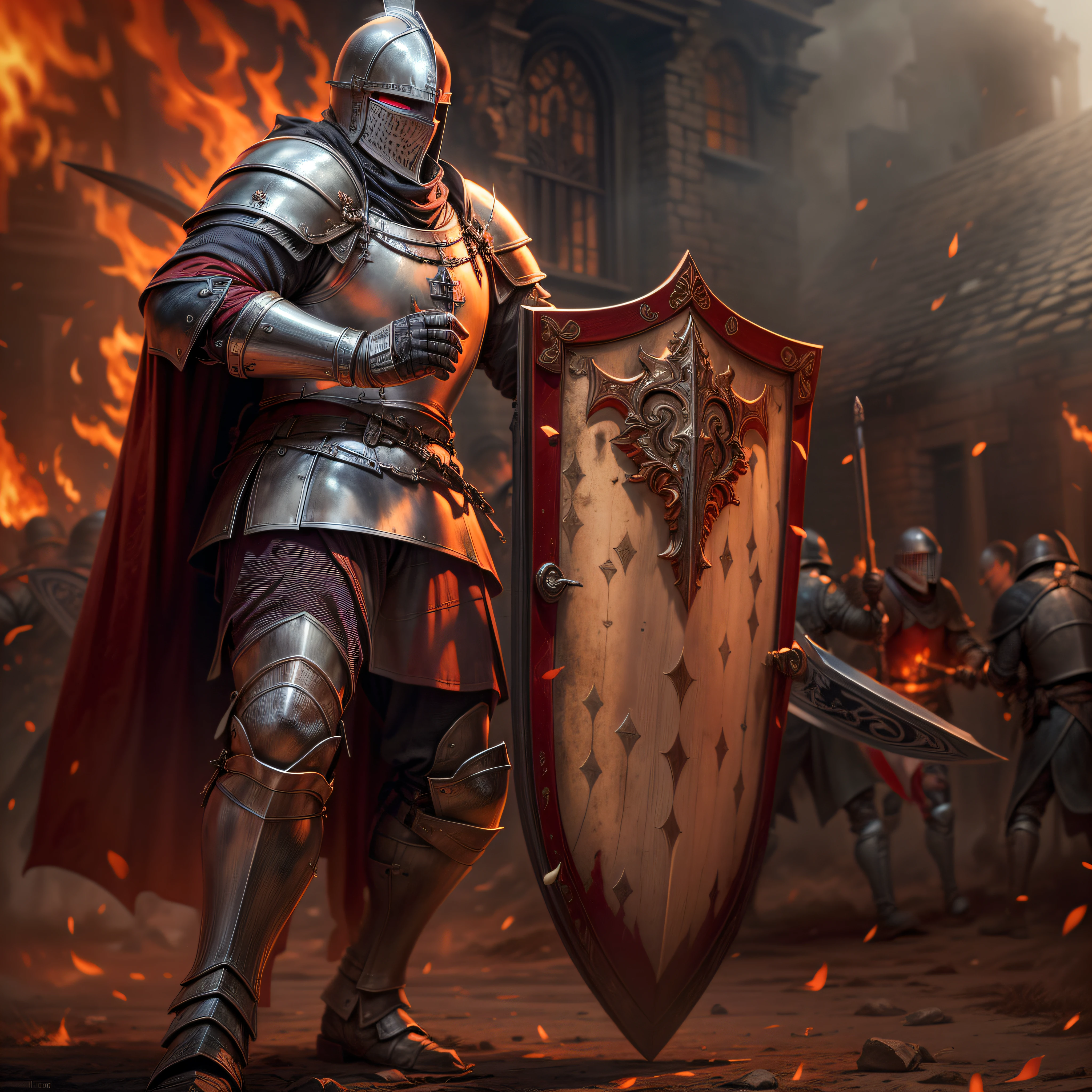 (Masterpiece, intricate details, best quality), 10K resolution, high resolution, 8K,(full body), 1man, (templar knight), (robust), positioned behind a huge shield, imposing helm, a flaming red light in the eyes, extremely detailed image in a medieval war scene, rich in fights and background details