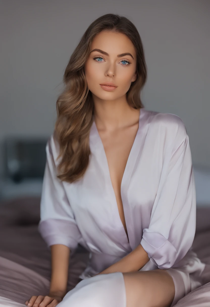 arafed woman fully , sexy girl with blue eyes, ultra realistic, meticulously detailed, portrait sophie mudd, blonde hair and large eyes, selfie of a young woman, bedroom eyes, violet myers, without makeup, natural makeup, looking directly at the camera, face with artgram, subtle makeup, stunning full body shot kneeling on bed, in bedroom, medium to large size bust