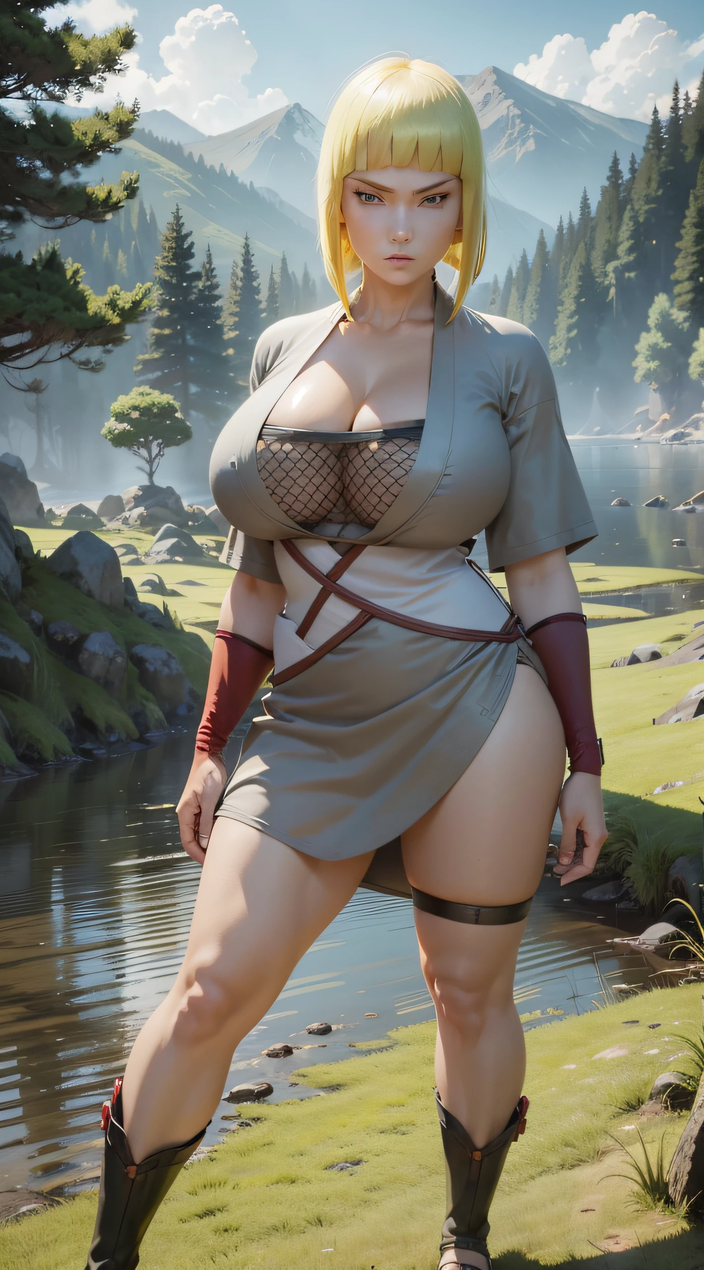 Samui from naruto, 1girl, western girl, solo, (huge tits), busty, thiccture perfect, short blonde hair, tall girl, large eye, anime eye, wearing sexy gray and white ninja outfit, gray kimono, black fishnet, wearing miniskirt, wearing red handband, cleavage, wearing black shinobi sandal, looking at viewer, emotionless, kunoichi, fighting pose, cowboy shot, full body shot, portait foto, in the forrest, standing on grass, cloud, mountain view, semi realistic artstyle, 3d, absurdes, NSFW, high res, ultrasharp, 8K, masterpiece, best quality