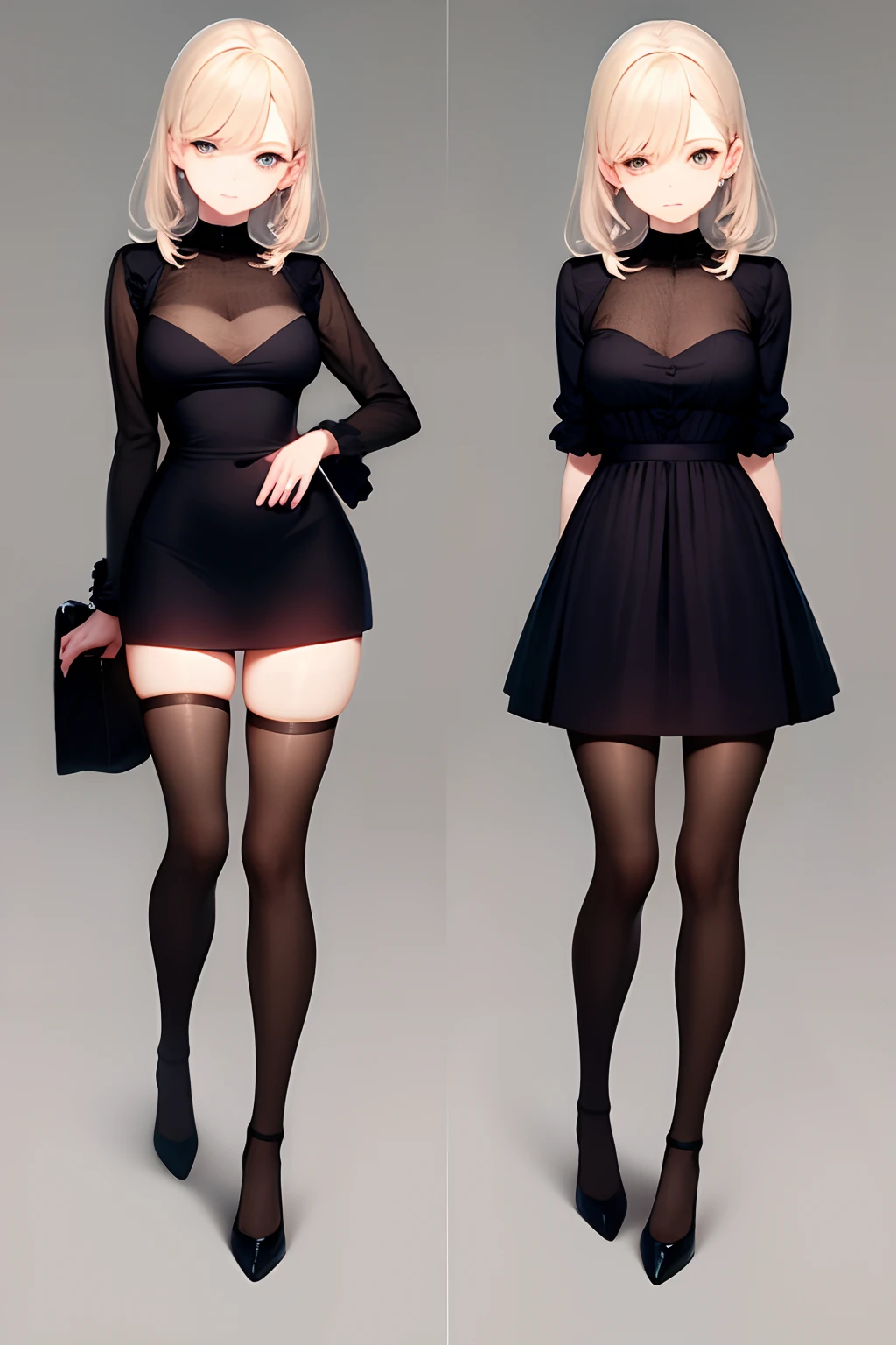 (absurdities, High resolution, ultra detailed),1girl, multicolor fur, short hair, blue eyes, multicolor tight clothing, neckline, breasts, mini skirt with ruffles on the sides, black lace stockings , standing, posing, muliples vistas,