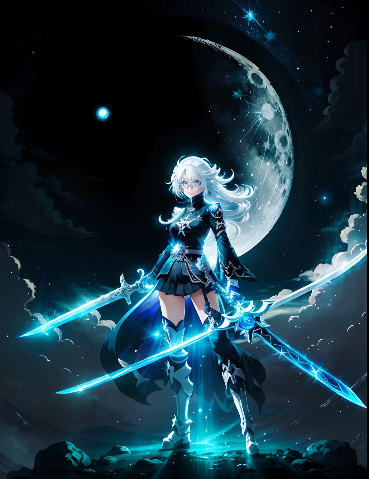 A girl with white hair, glasses, anime style,sword in one hand, glowing art, glowing eye, full moon and star night background, anime art, glowing black sword japanese art, modern style, modern clothes