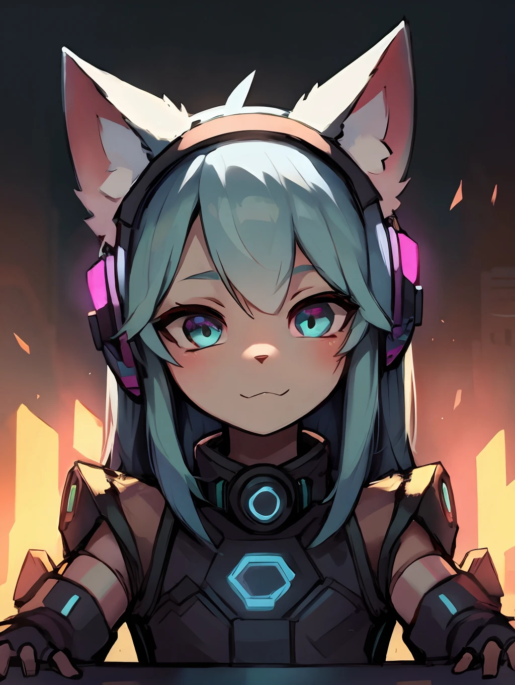 Cyberpunk girl with pink long hair,Q version,(ddlers,Ba adolable, cyberpunked, Cat Ear Headphones、Master masterpieces, hight resolution,8K,detailedbackground,hightquality,(((独奏))),looking at viewert,angle of view,From above,Dreams,Magical,baiyun,(Warm light source:1.2),Light steppe、Cyberpunk costumes、Cute Cyberpunk Girl