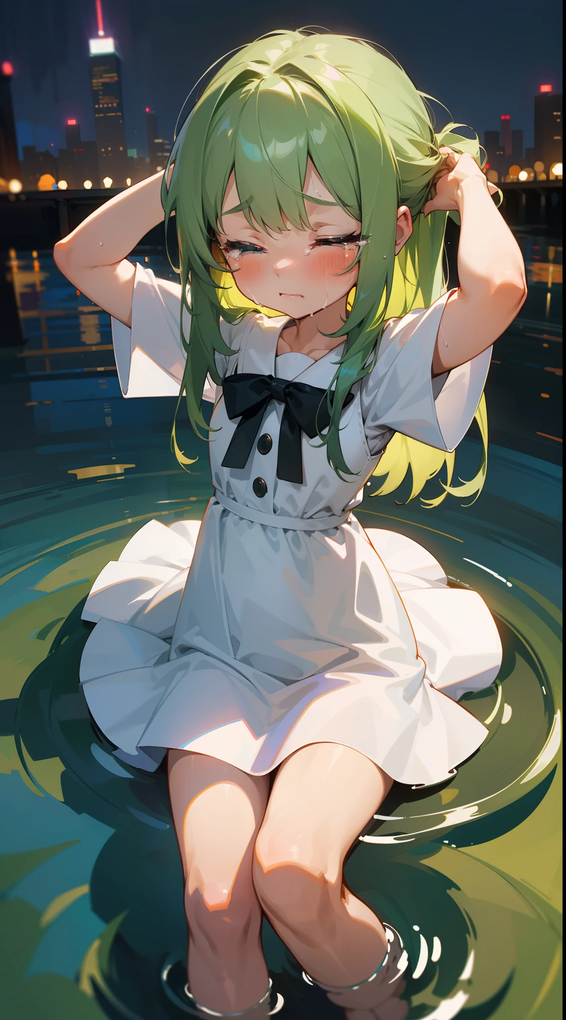 (Original Character,8k, Masterpiece, Best Quality,Detailed, Beautiful Detailed Eyes, solo),((1loli girl,4 years old)),((small body)),little white dress,green hair,long hair,closed eyes,loli,solo,cute,cowboy shot,hugging a brown teddy bear,(crying sitting in floot in a city at night),full body,night,arms behind head