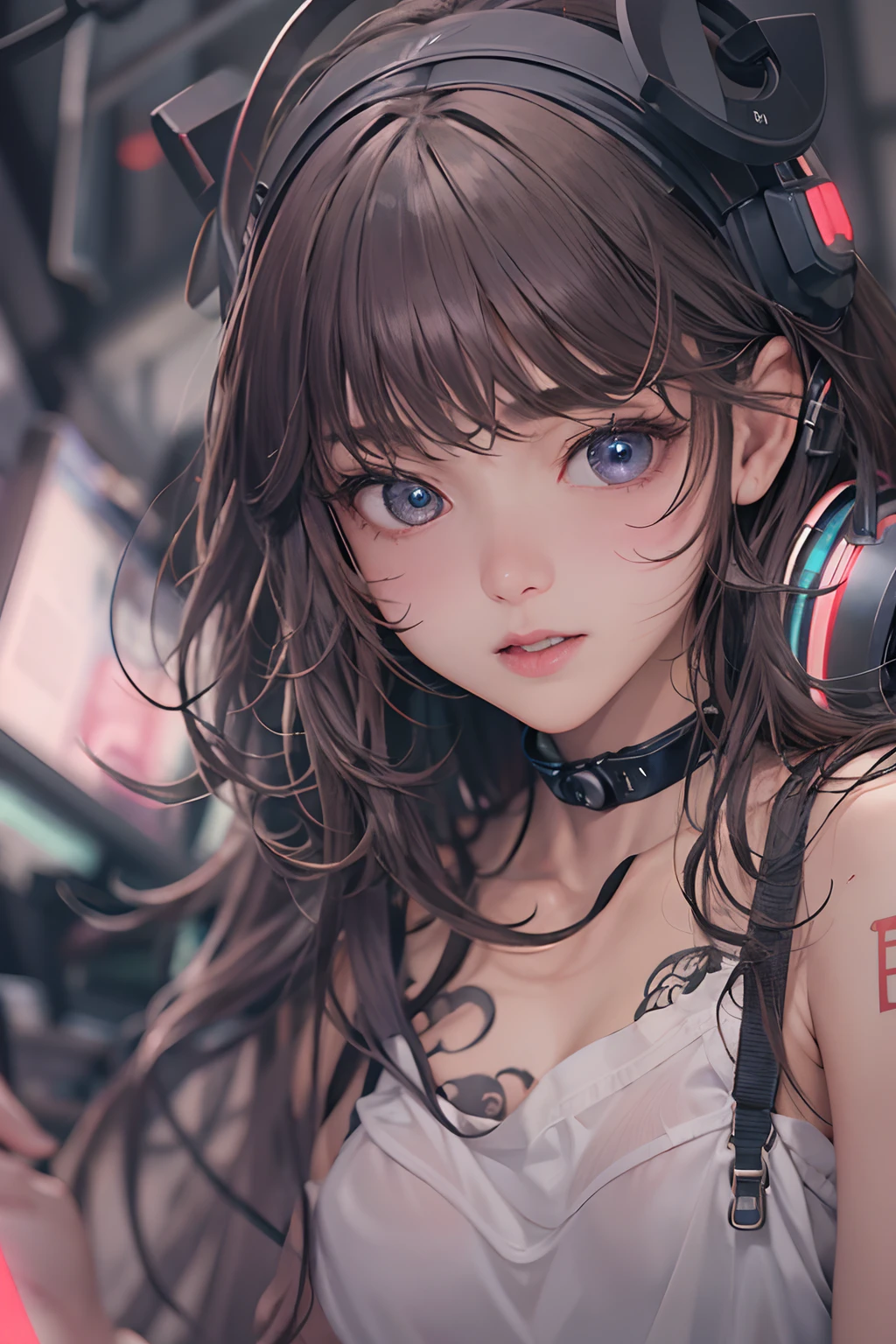 masterpiece, 1 beautiful girl, Detailed eye, Swollen eyes, top-quality, 超A high resolution, (reality: 1.4), 电影灯光, japanes, a asian beauty, very extremely beautiful, lovely、Beautiful skins, A slender, Forward-facing body, (A hyper-realistic), (hight resolution), (8K), (ighly detailed), ( Best Illustration), (beautifully detailed eyes), (ultra-detailliert), 详细的脸, Bright lighting, Professional Lighting、The background is a cyberpunk room with a large number of monitors...........、The cord is connected from the costume、Long Hair Color Pink、headset on head、small tattoo on face、nffsw、gazing at viewer