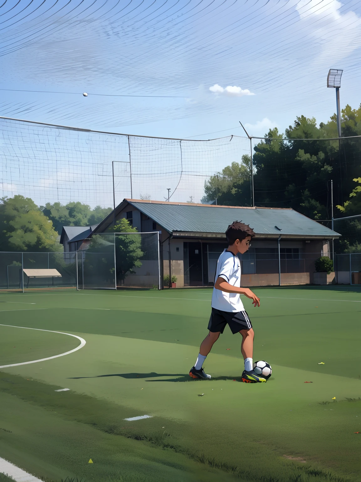 A boy is playing soccer,soccer court