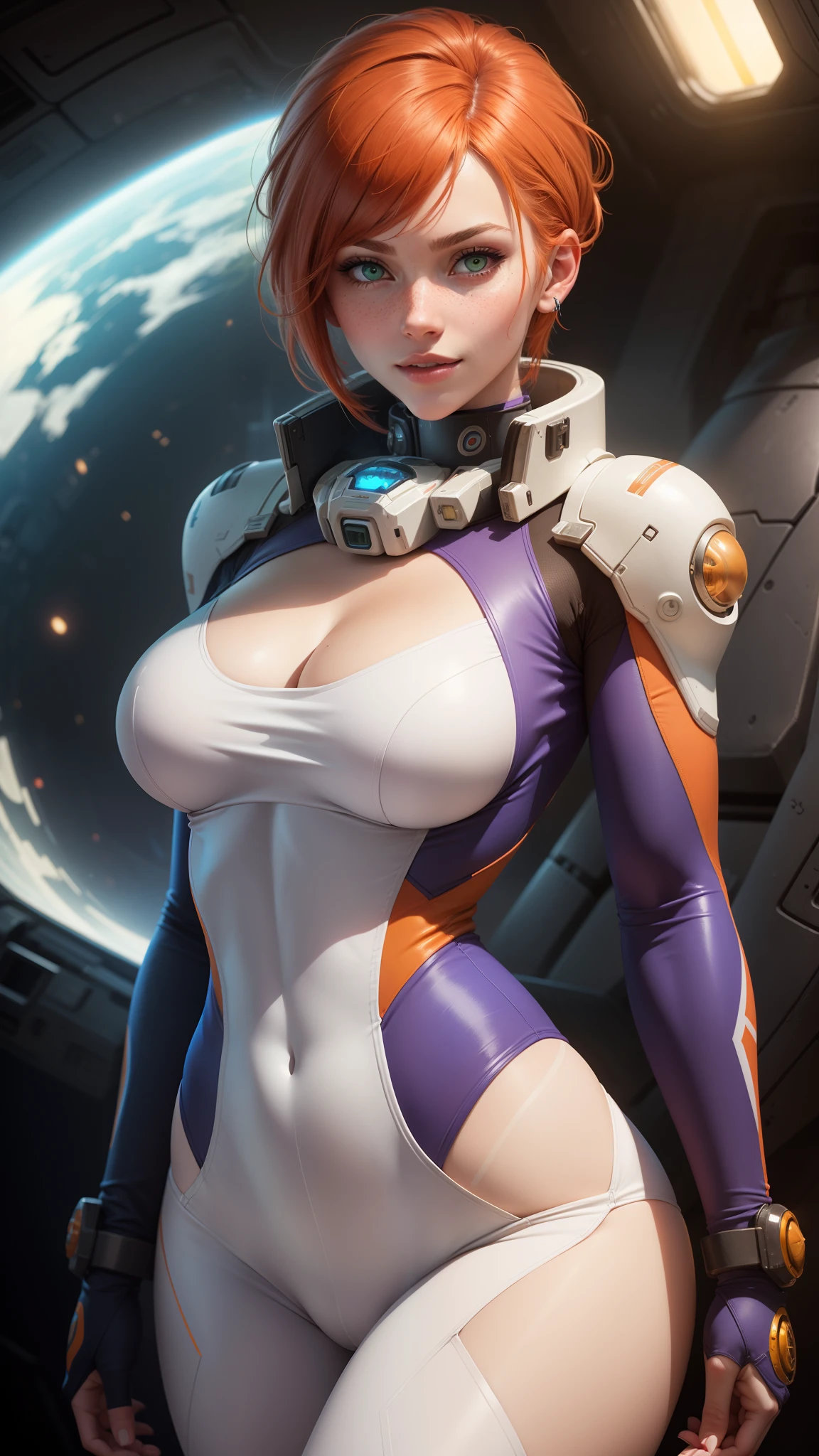 gwen tennyson,tracer,samus,rebecca chambers,overwatch,gundam,1girl,close up,mecha pilot,space port,purple and orange plugsuit,pilot jacket,pirate corset,white long sleeve lycra top,white leggings,short hair,war makeup,green eyes,orange hair,white hair highlights,shy smile,freckles,redhead,beautiful girl,large breasts,ultra detailed,realistic,fantasy art,