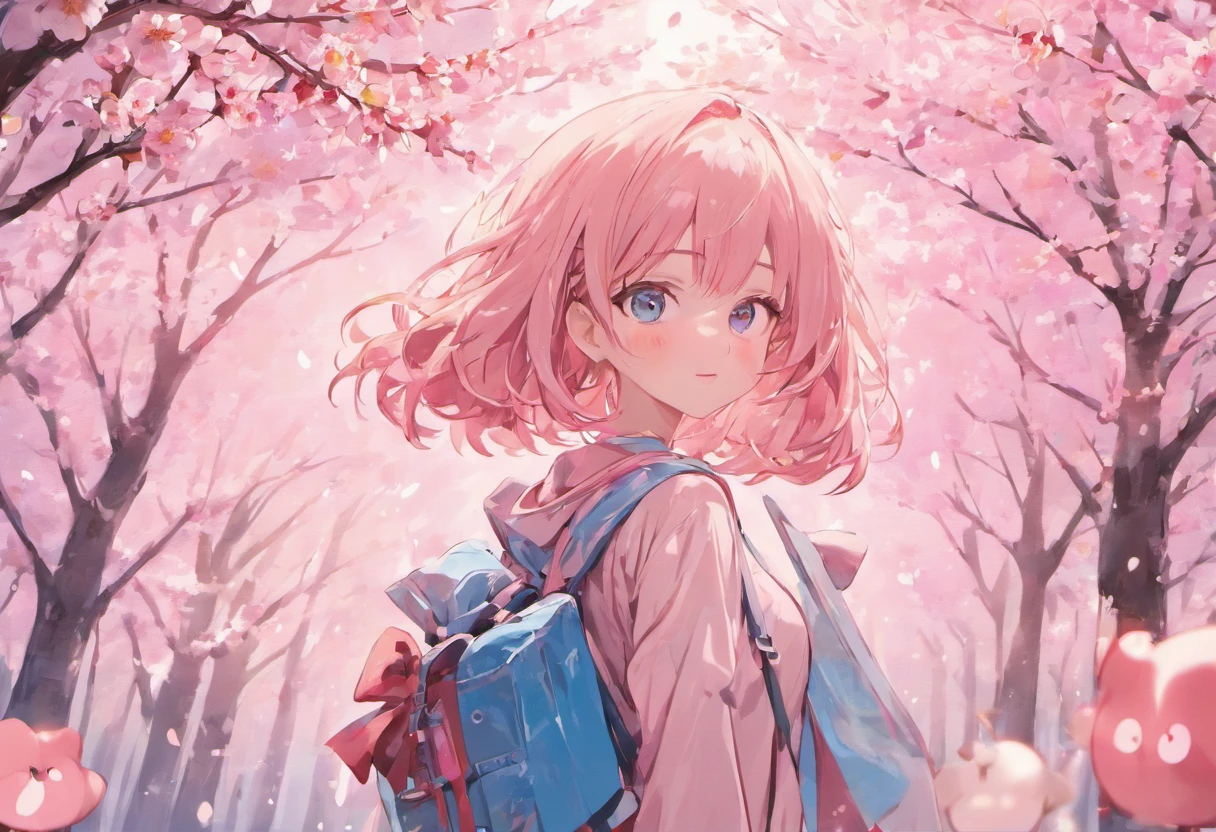 (masterpiece), best quality, expressive eyes, perfect face a girl with long light pink hair, hair is tied with a bow-shaped string and blue eyes, wearing a school uniform, carrying a backpack, walking and smiling. landscape of falling cherry blossoms, cherry blossom trees in full bloom. the girl holding a cherry blossom. best quality, highly detailed, masterpiece, ultra-detailed 4k ultra.