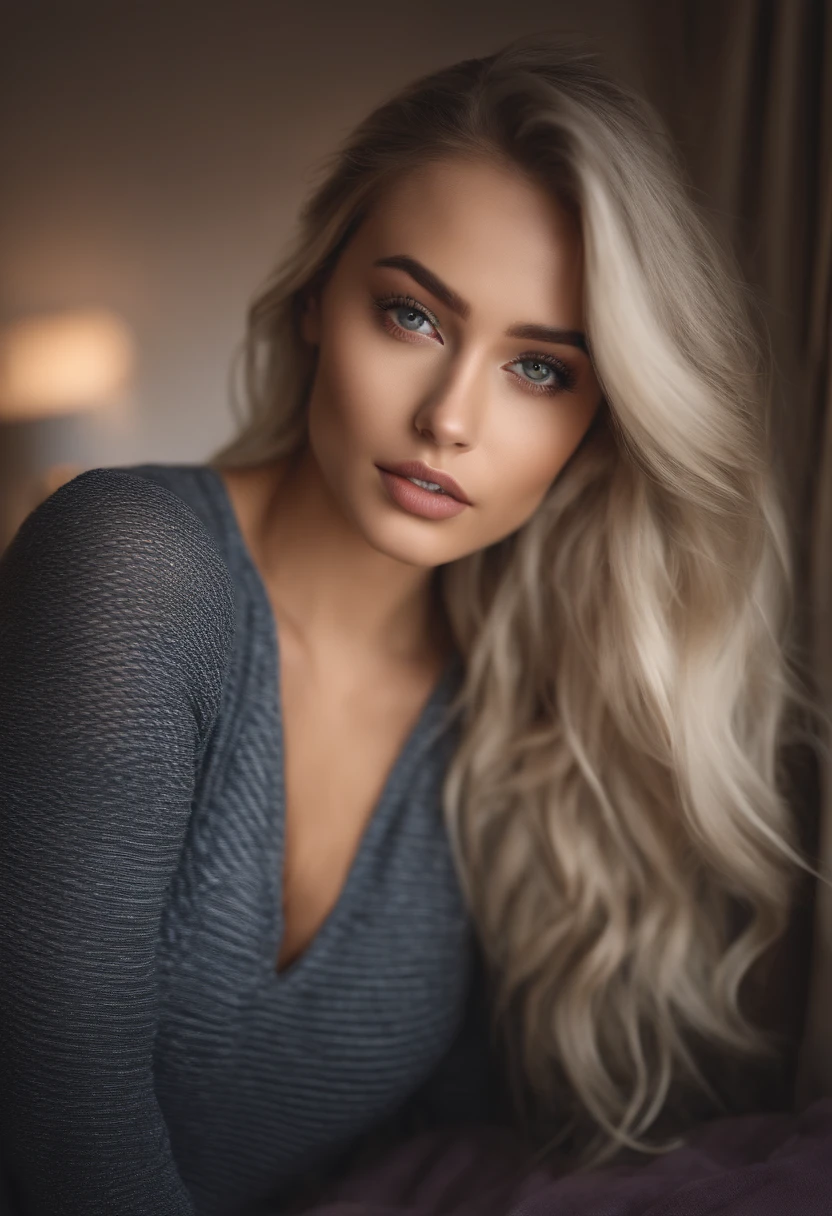 Arafed woman with matching tank top and panties, Sexy girl with brown eyes, portrait sophie mudd, blonde hair and large eyes, Selfie einer jungen Frau, Augen im Schlafzimmer, Violet Myers, ohne Make-up, Natural makeup, Blick direkt in die Kamera, Gesicht mit Artgram, dezentes Make-up, Stunning full body shot, im Schlafzimmer, Spaltung