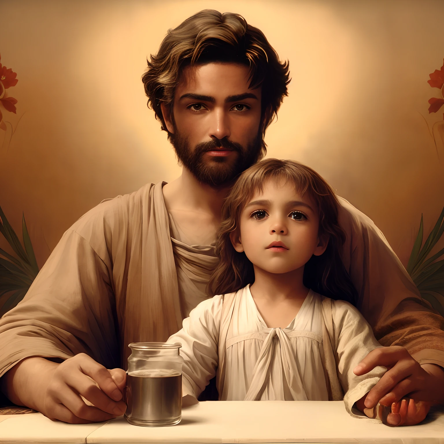 Jesus e uma menina sentada em uma mesa com um copo de leite, Com o Menino Jesus, Jesus, Directed by: Juan O'Gorman, Directed by: Scott Gustafsom, Directed by: Aleksander Gierymski, altamente renderizado, catholic religious art, Jesus Cristo, Directed by: Carlos Trillo Name, foto muito bonita, beautiful image ever created, with a , Christian art, som