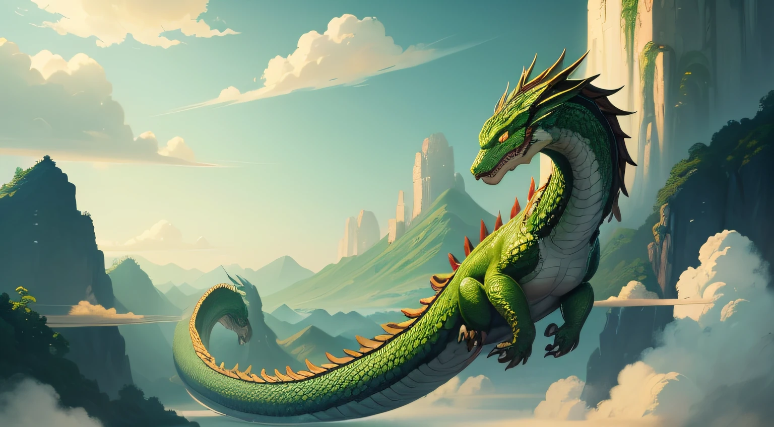 Ancient China、Landscape painting、(illustratio:1.3)、mid air、Chinese Green Dragon、Green scales、elongated body like a snake,,、mustache、The hair、short limbs、Looking up angle、Some floating clouds。Bright sunshine、中景 the scene is、