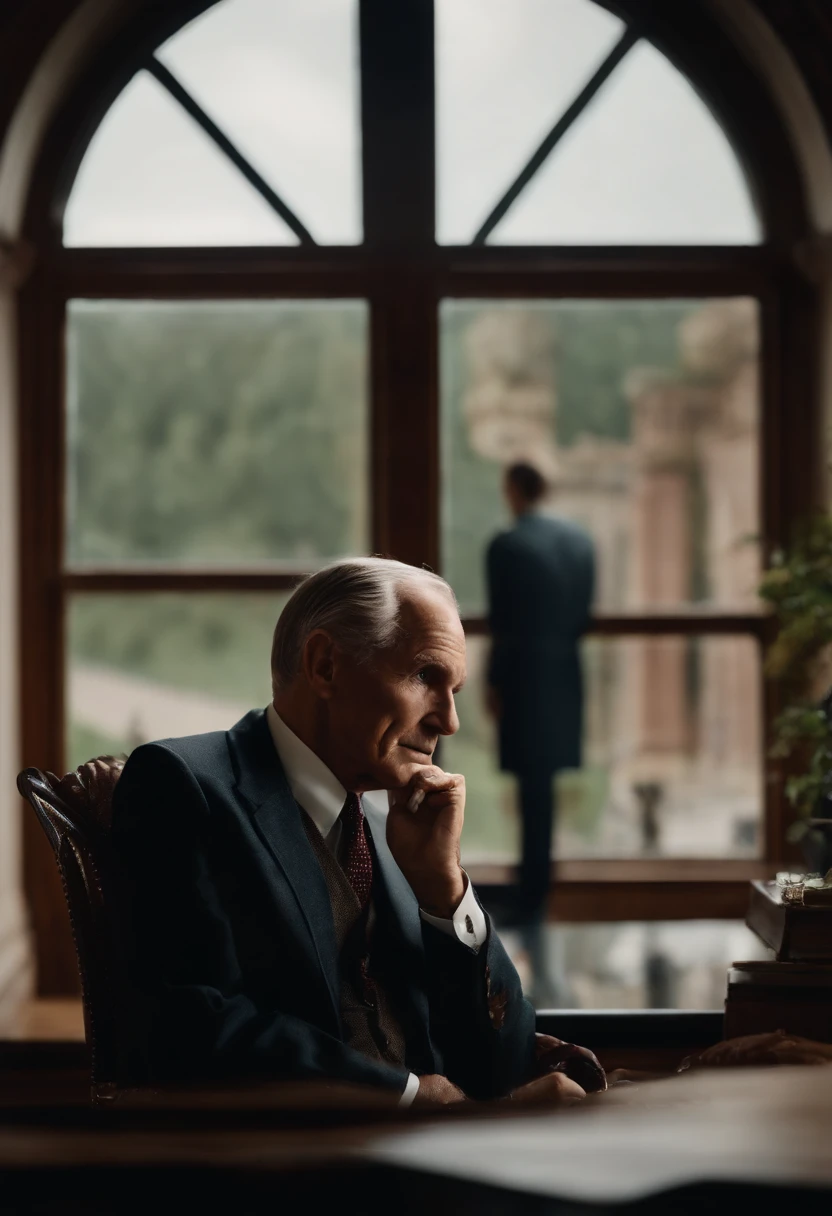 Henry Ford II, un hombre de negocios estadounidense, is sitting in your office, mirando por la ventana. El estilo es hiperrealista, fotorrealista, cinematography, Hermoso UHD