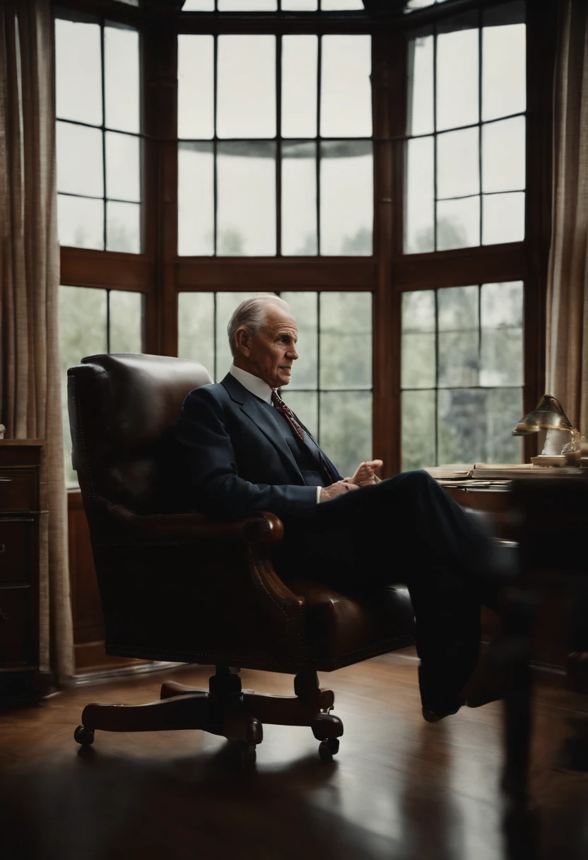 Henry Ford II, un hombre de negocios estadounidense, is sitting in your office, mirando por la ventana. El estilo es hiperrealista, fotorrealista, cinematography, Hermoso UHD