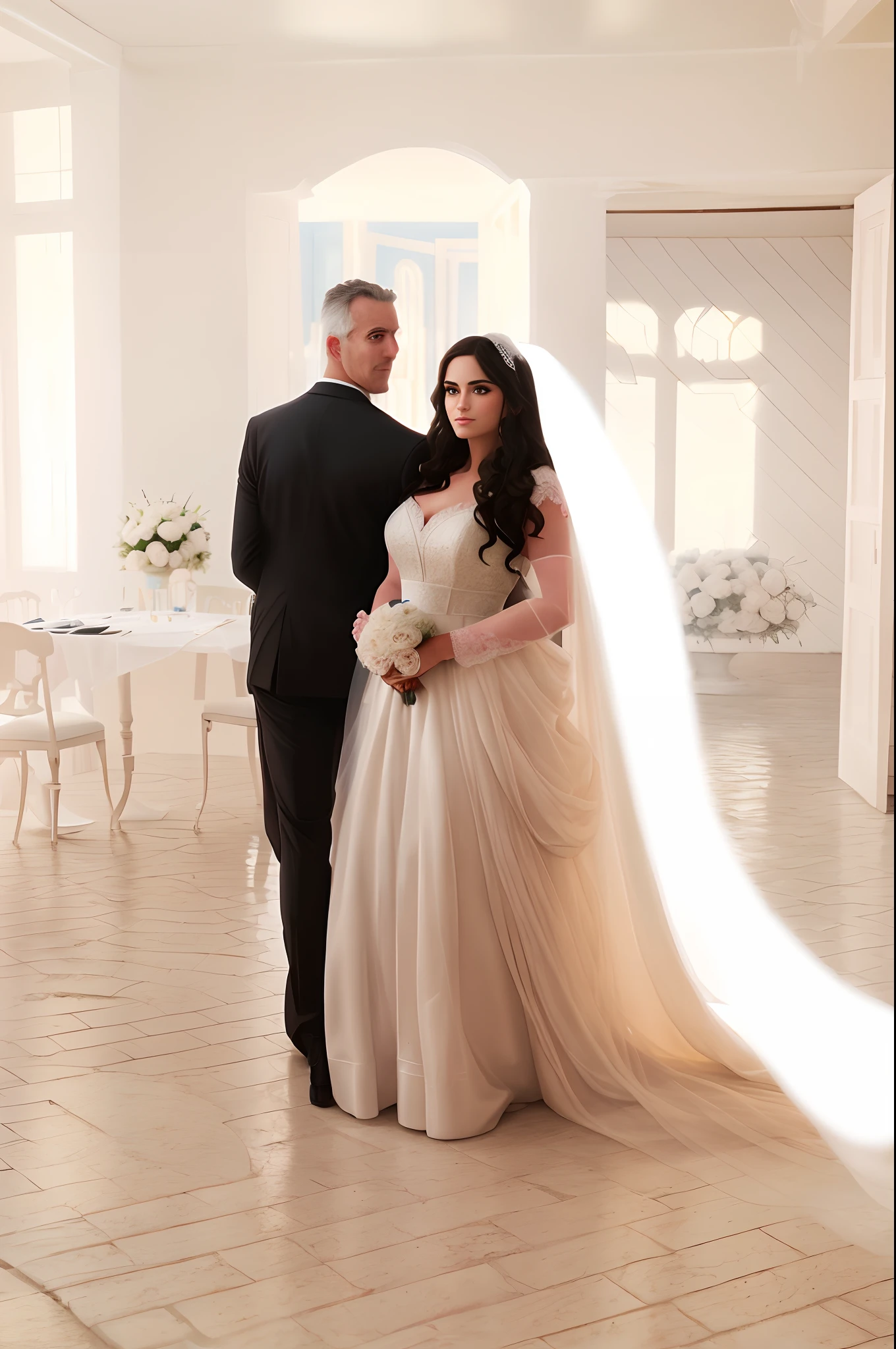 1 beautiful girl, wedding, (photo realism: 1.3) Standing shot, Santorini, standing in front of (Blue Sea), white wedding gown, Wedding decoration, Masterpiece, diffused soft light, (Portrait), Best Quality, (a perfect face: 1.4), Hyper-realistic high detail, Sophisticated, realistic simulation-style photography, movie lighting, Studio shooting, elegant pose, (a closeup of a)