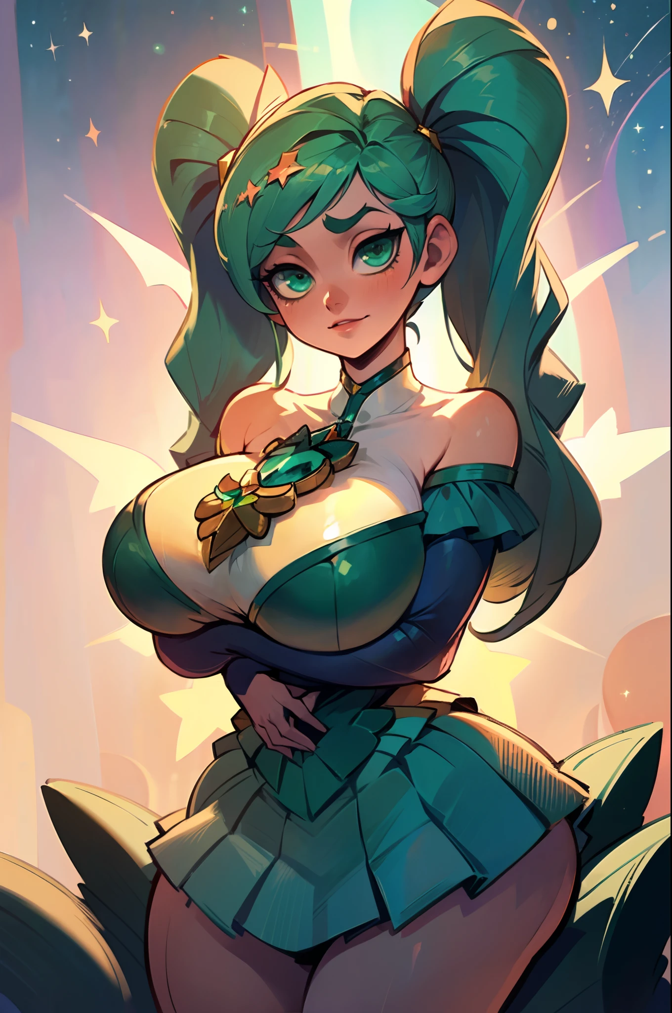 masterpiece, best quality, ultra-detailed, illustration, colorful, falt color, depth of field, lens flare, 1girl, sona \(league of legends\), star guardian, dress, open shoulders, green hair, green eyes, twintails, hair ornament, anime, (shortstack), (shortstackBT), (closeup), (upper body), sitting, looking at viewer, short height, navel, detailed skin texture, beautiful detailed face, smile, seductive, alluring attire, collarbone, (gigantic breasts, saggy breasts, huge breasts, curvy, voluptuous, curvaceous), (hands on hips)