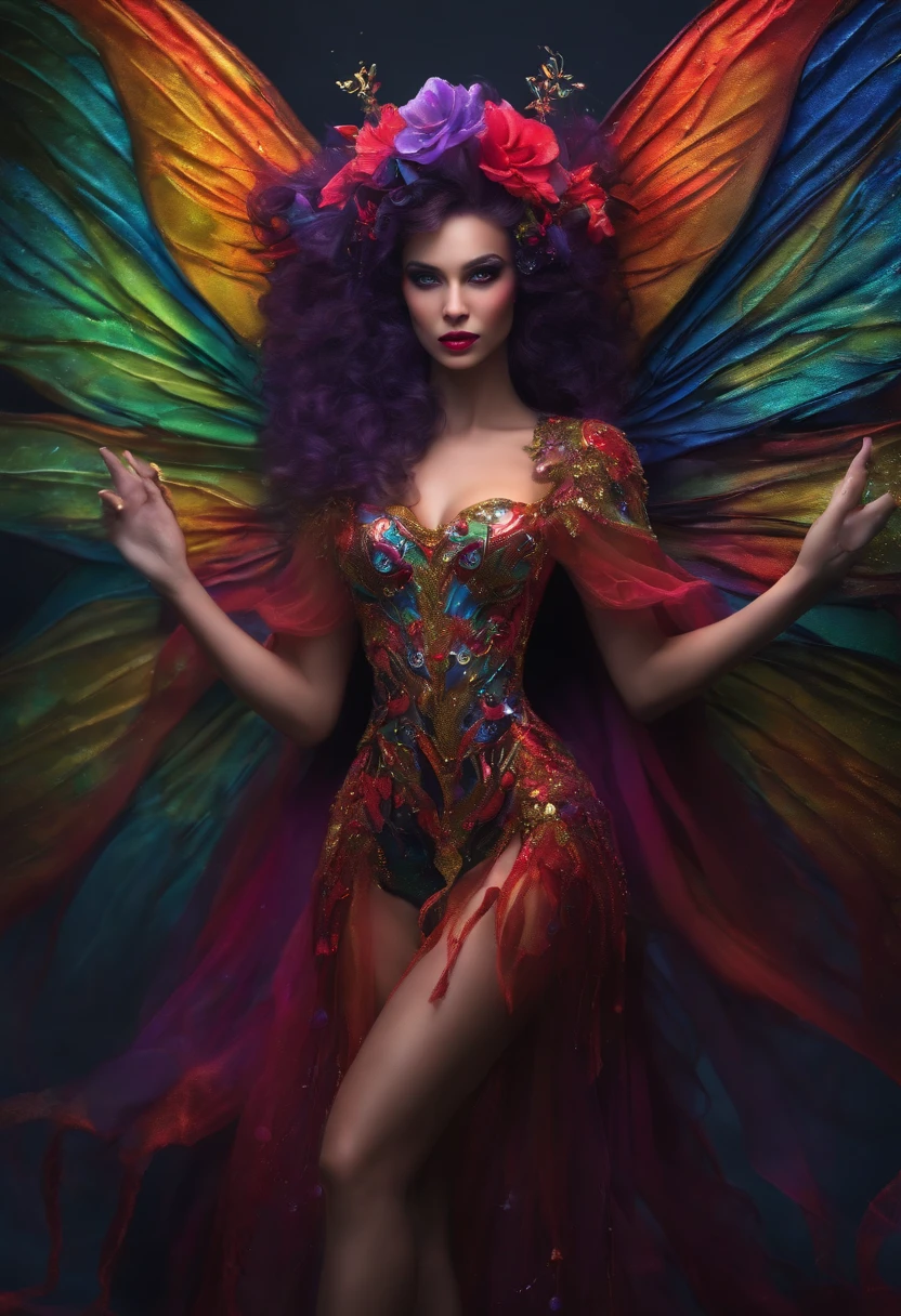 evil gumdrop fairy, full body picture, sinister look, splash art, vibrant colors, intricate costume design, perfect face, perfect features, high definition, 4K