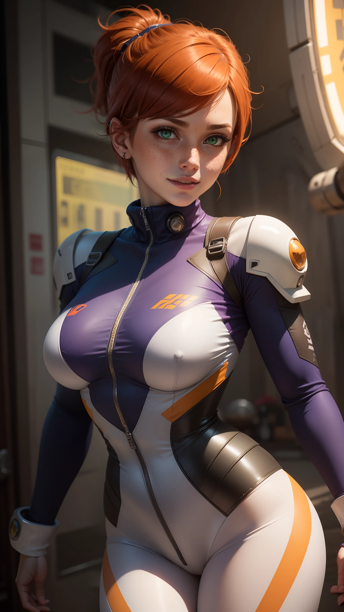 gwen tennyson,tracer,samus,rebecca chambers,overwatch,gundam,1girl,close up,mecha pilot,space port,purple and orange plugsuit,pilot jacket,hair pin,pirate corset,white long sleeve lycra top,white leggings,short hair,war makeup,green eyes,orange hair,blue hair highlights,shy smile,freckles,redhead,beautiful girl,large breasts,ultra detailed,realistic,fantasy art,