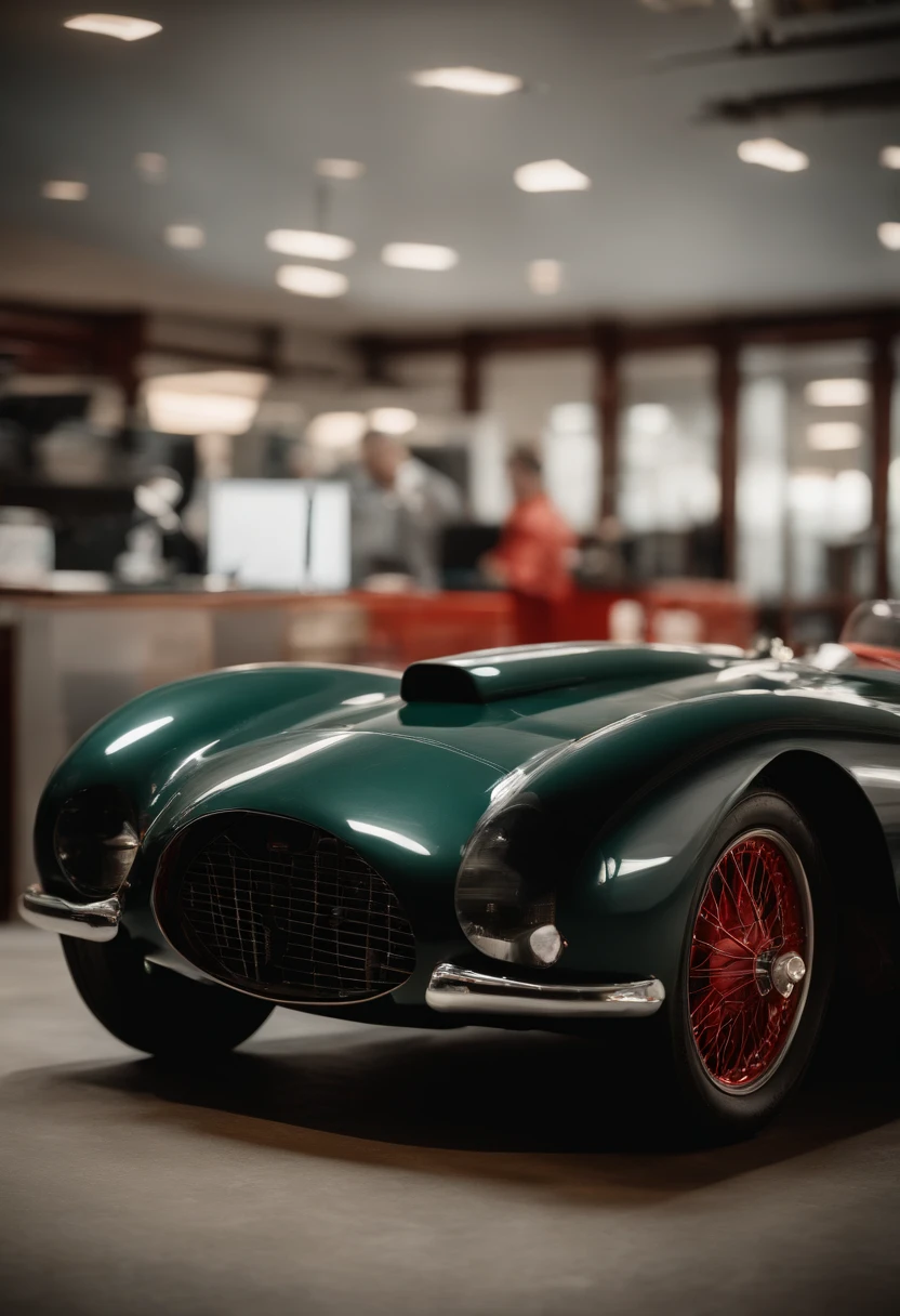 Enzo Ferrari, an Italian car manufacturer, is sitting in your office, mirando un mapa de Le Mans. El estilo es hiperrealista, fotorrealista, cinematography, Hermoso UHD