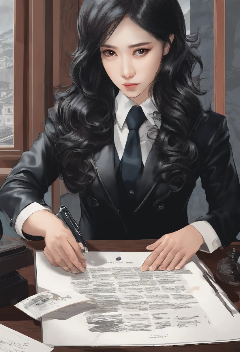 Wearing black leather gloves on both hands, Upper body, Black business suit, Facing a desk in a modern study in the dark, Looking down, Smiling, Use a fountain pen to write a letter, long, Straight black hair, Japan female new employee with young and cute face (Black leather gloves cover both hands)