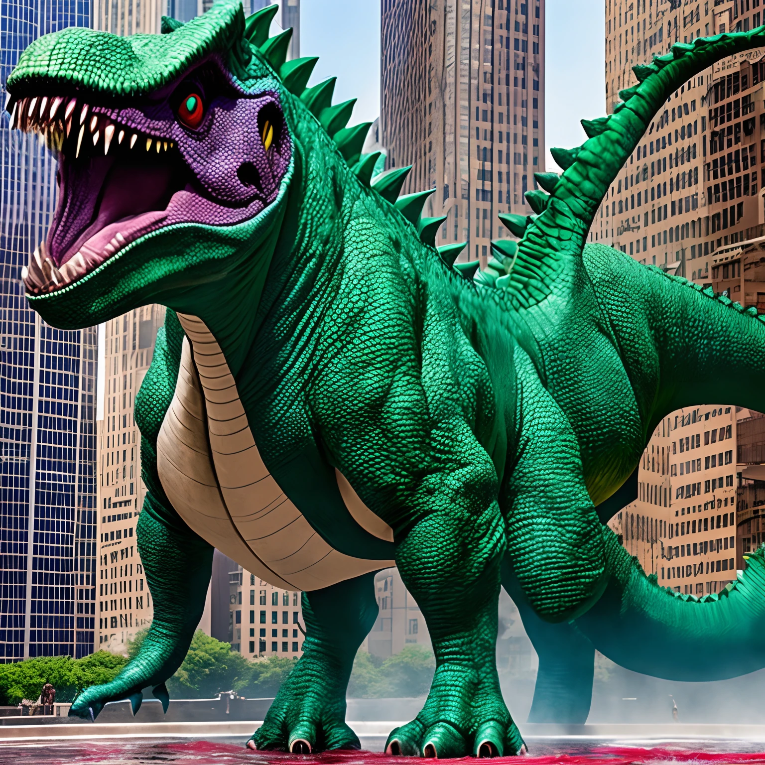 Purple monster dinosaur with sharp teeth, red tail, in a green triangular cap, leather belt, stands against the backdrop of New York skyscrapers in a pool of blood