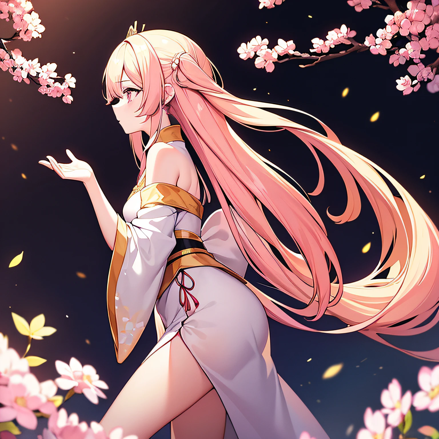 16k,Two-dimensional girl,Japanese painting style,Long flowing yellow hair,Pink white eyes,Chinese off-the-shoulder evening dress,Side view。