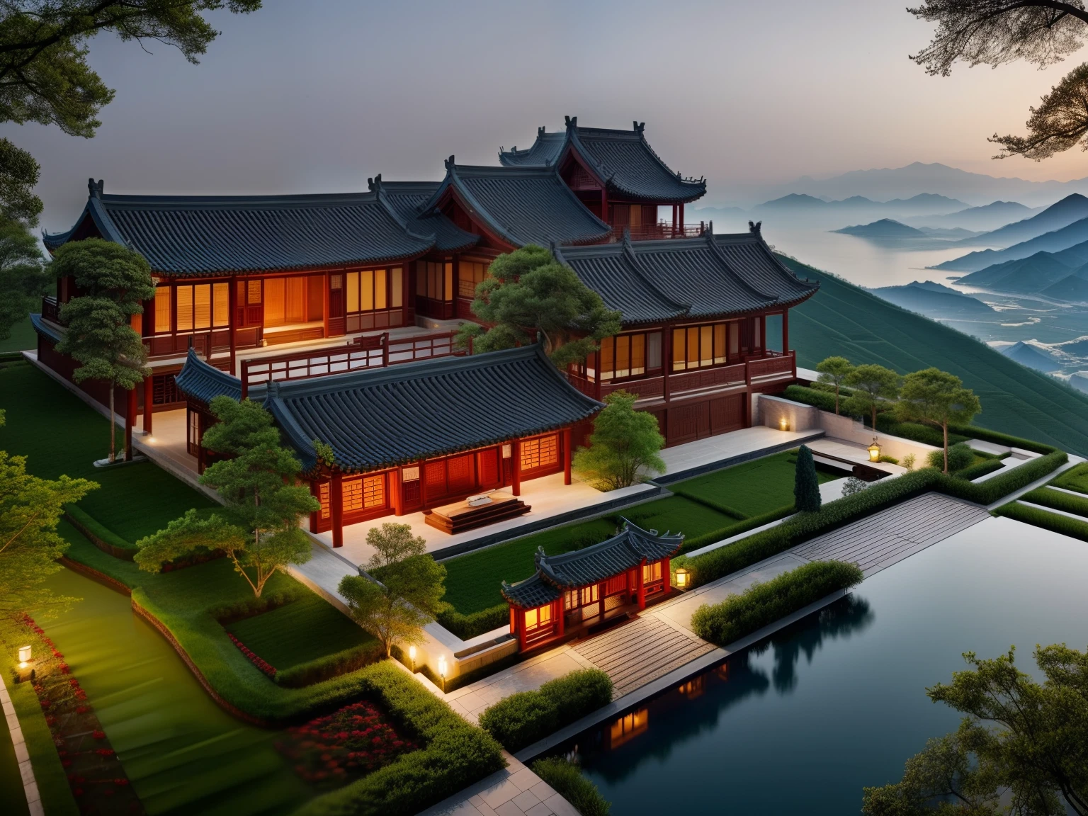 there is a design of a house with a flowered roof, chinese classical style, beautiful, beautiful image, inspired chinese style, night, nice interior light, great landscape around,