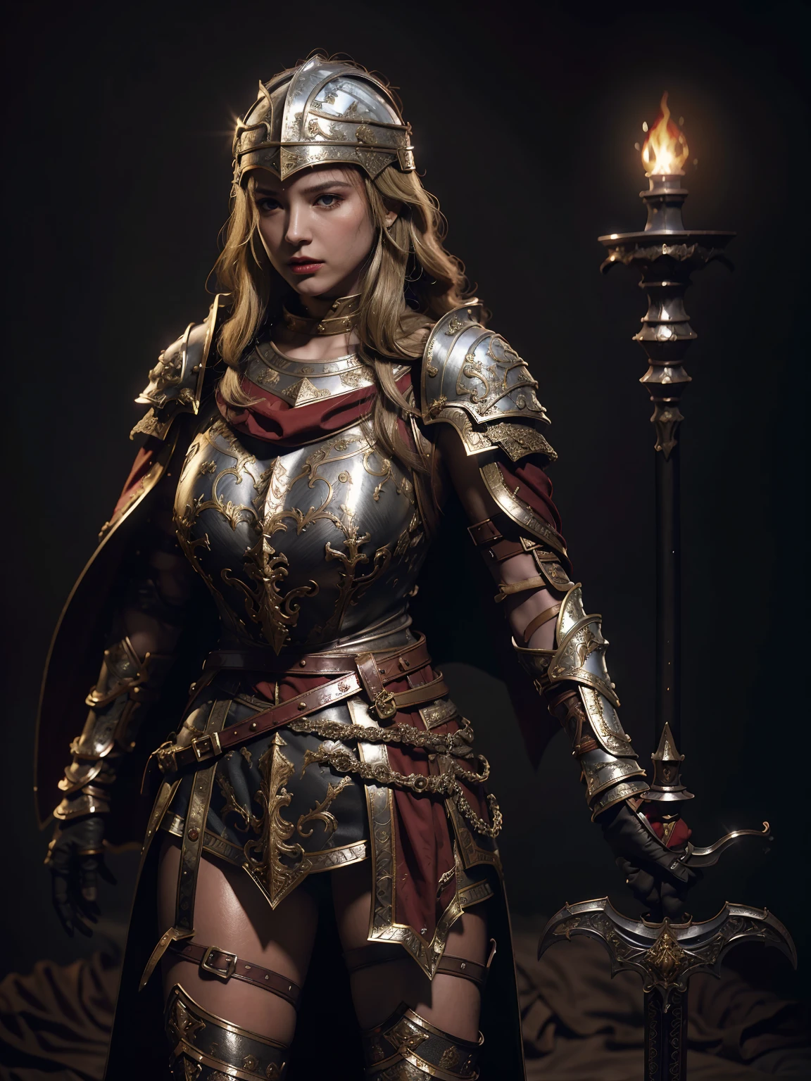 1girl, solo, female roman warrior with red helmet and cape, long black hair, angry, extremely beautiful girl, subtle makeup, silver hour, photorealistic, high contrast, 8k HD, detailed, hyper-detailed, realistic skin texture, blonde hair, huge chest, neckline, best quality, ultra high res, raw photo, dramatic lighting, unreal engine, intricate diffuse glow and silver tab, black cape, battlefield, Standing