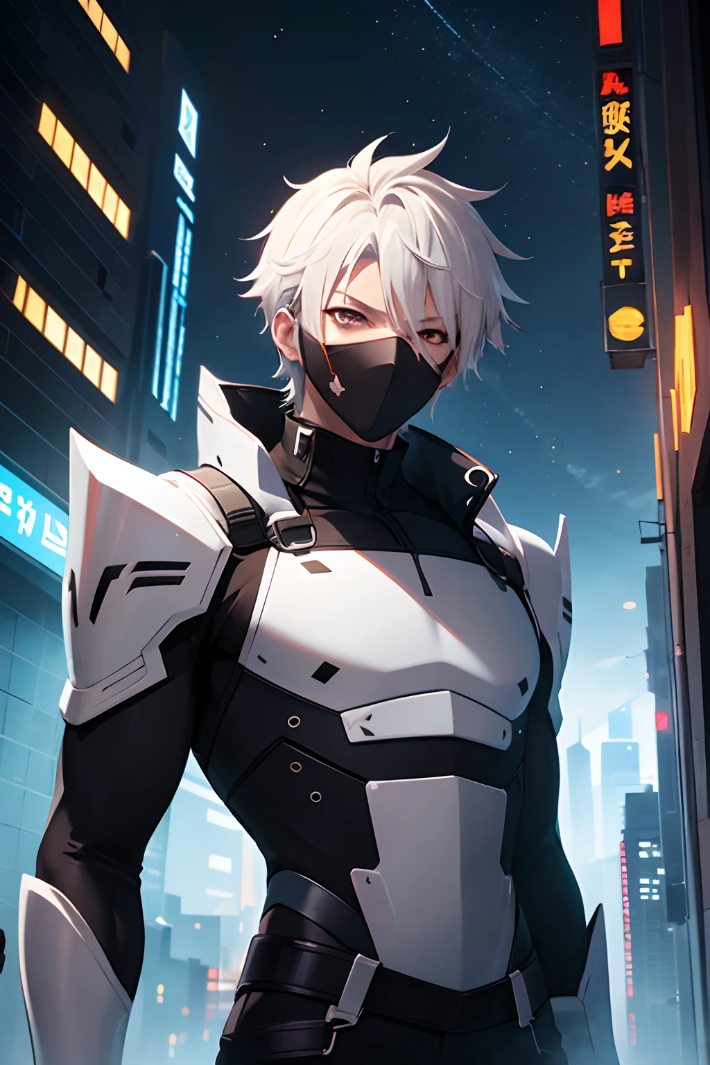 anime ninja character with a ninja mask over the mouth, two swords on his back, vector-shaded anime, male anime character, best quality, white eyes, white futuristic suit, longer hair on top and shorter on the side of the head, nighttime in a futuristic city background