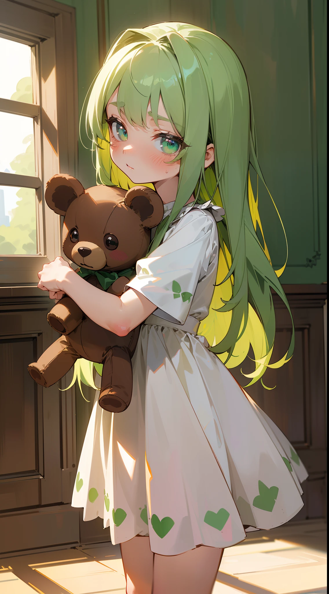 (Original Character,8k, Masterpiece, Best Quality,Detailed, Beautiful Detailed Eyes, solo),((1loli girl,4 )),((small body)),little white dress,green hair,long hair,green eyes,loli,solo,cute,timid face,blush,cowboy shot,(standing in a room hugging a brown teddy bear)