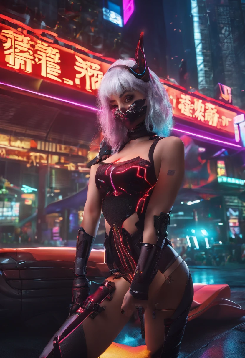 (best quality,ultra-detailed,realistic:1.37),female,white hair,red pupils,black horns,skimpy leotard,face mask,wide hips,big breasts,pointed tail,high heels,fiery background,dark atmosphere,vivid colors,lit with moonlight