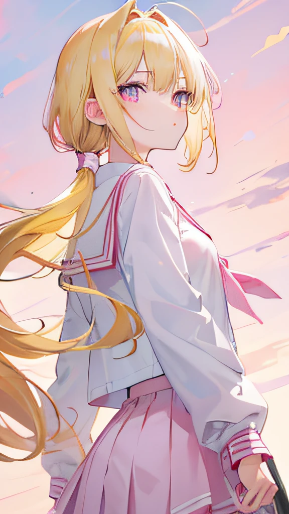 Light yellow hair，horse tailed，Pink eyes，Pink pupils，s girl，JK school uniform，the sky background