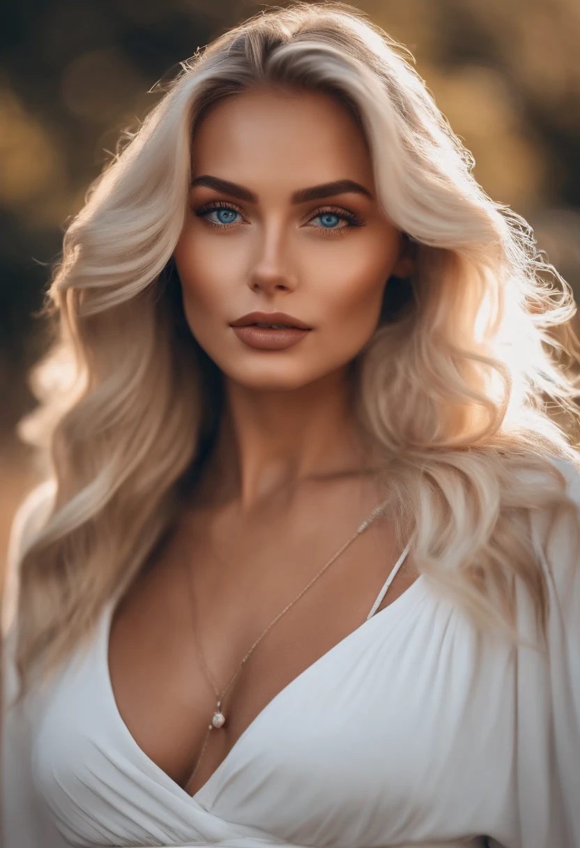 realistic white female instagram influencer, best quality, blonde, 1 girl, blue eyes, in white tight short dress