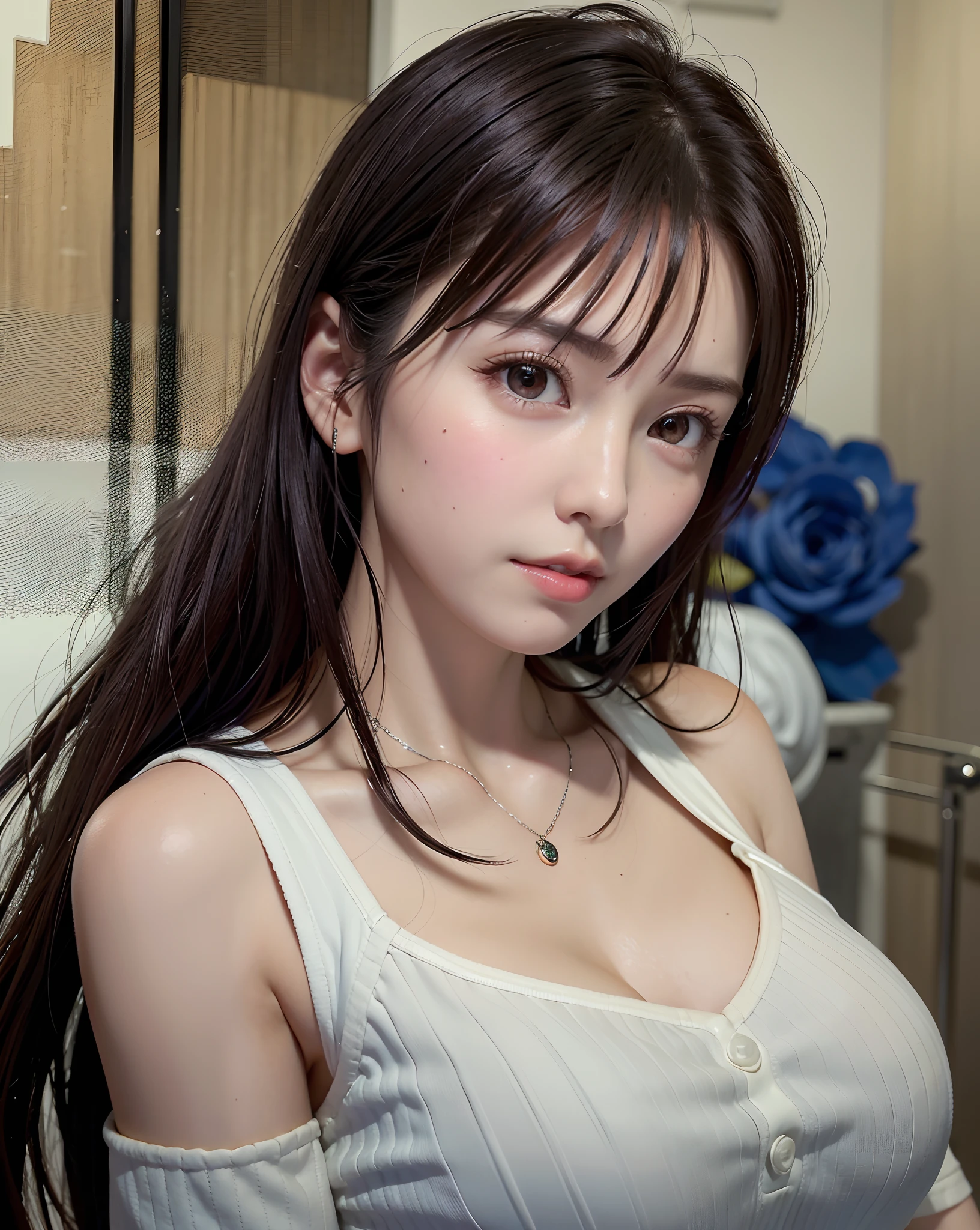 (in 8K, top-quality, masterpiece:1.2), (realisitic, Photorealsitic:1.37), ultra-detailliert, Natural sunlight, mideum breasts, I can see the cleavage, 1 persons, 25 year old woman, Dark hair, Pendants, Torn shorts, Light Knit V-Neck Shirt, At the time of performance, extremely detailed face and skin, A detailed eye, extremely detailed face and skin