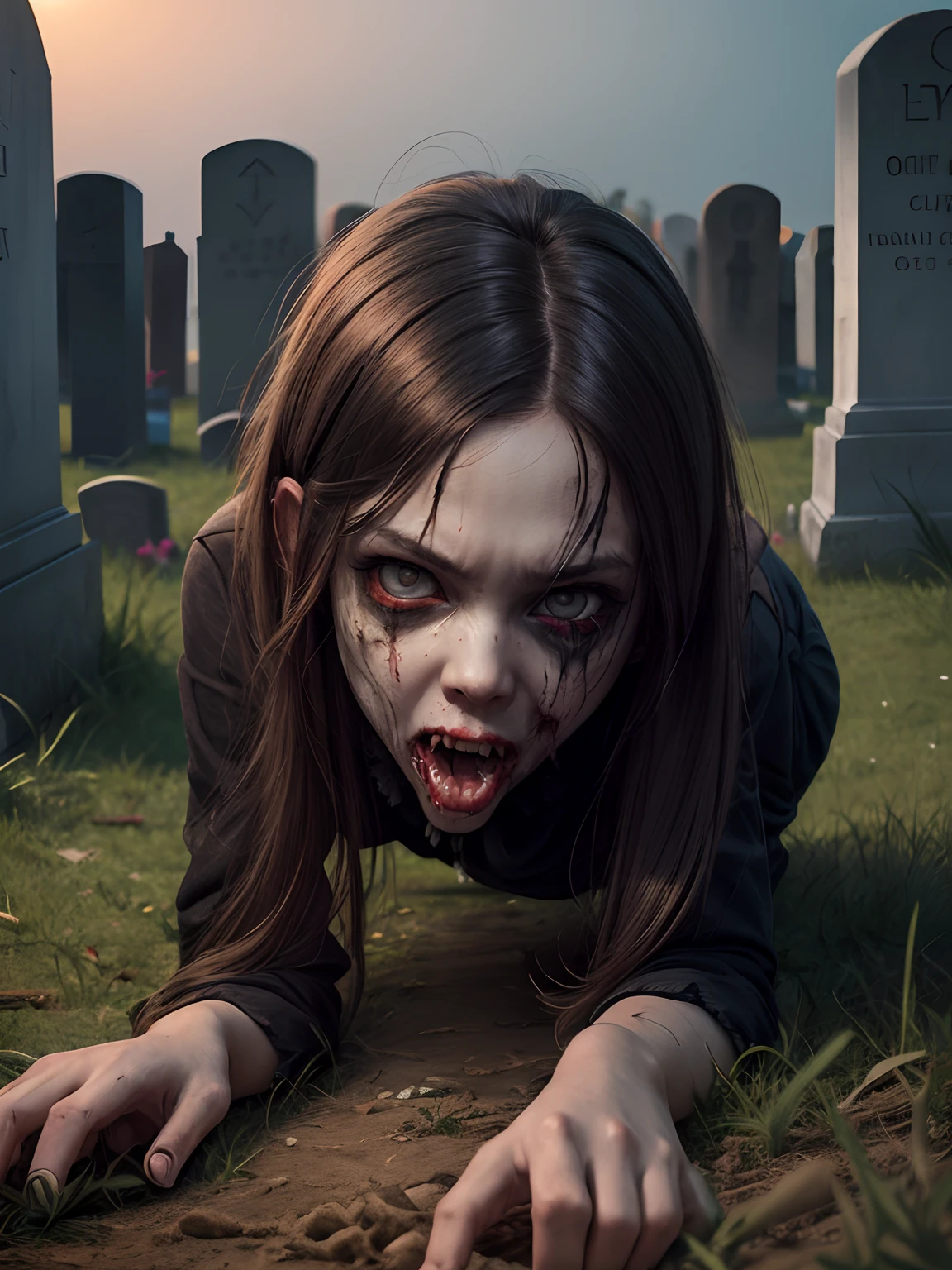 masterpiece, highly detailed, 1girl, long hair, full body ,tongue, (cemetery), zombie, dead skin, open mouth, (crawling out of a grave:1.4), rotten face