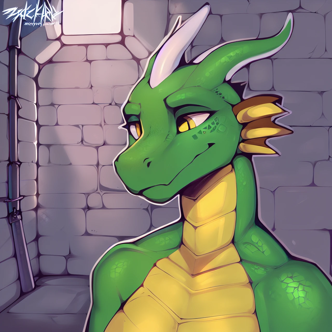 scalie, dragon, concern, perfect eyes, gold eyes, feminine, green skin,portrait, face focus, chest focus, pretty, attractive,  detailed eyes, expressive, by zackary911, dungeon