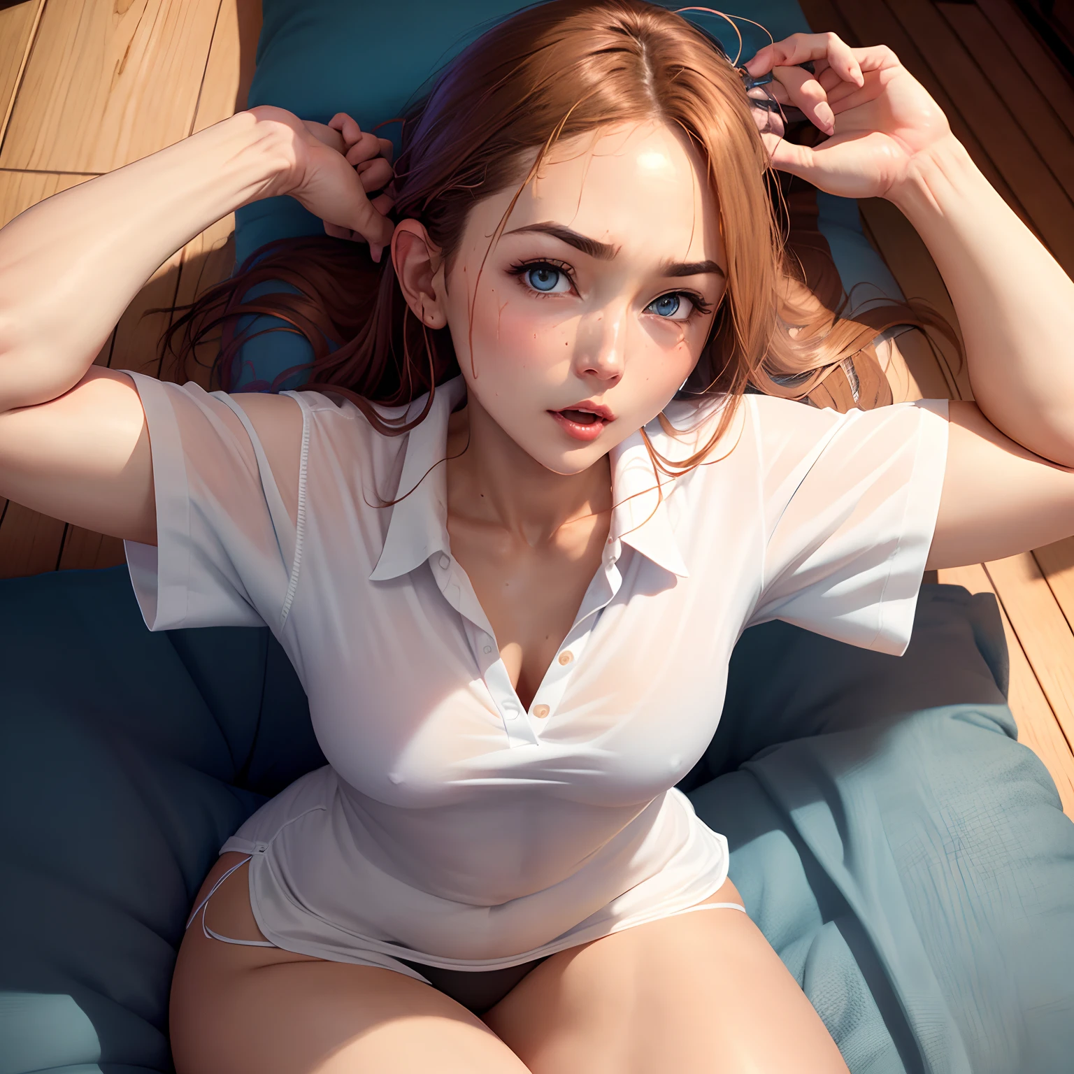 realisticlying、(1girl)、Wearing a white polo shirt,Face enhancement,Chest super large zoom,Cleavage emphasis,Looking up from the bottom,◯◯ Color hair,Blue eyes,darkens the skin,、Blushing,Red lips,A sexy,Bed sit,stick out your tongue and open your mouth wide、Banzai、Wearing underwear,Wrinkles between the eyebrows,Sweaty face