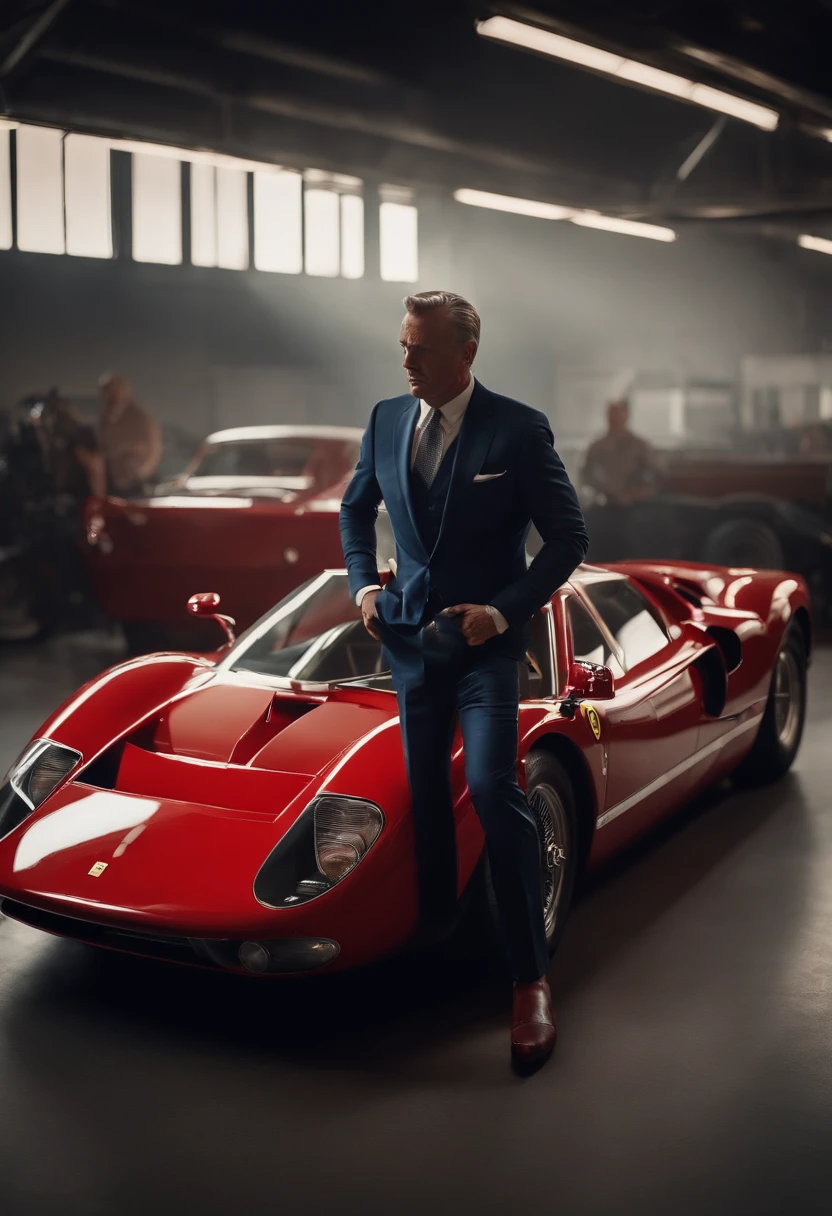A man in a suit standing next to a red sports car - SeaArt AI