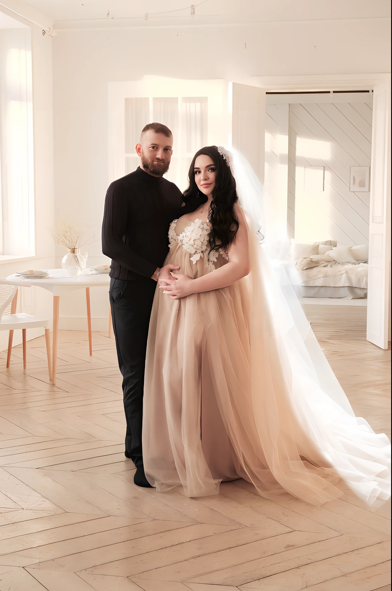 Her bride in a white dress and veil , transparent photo as made of tulle